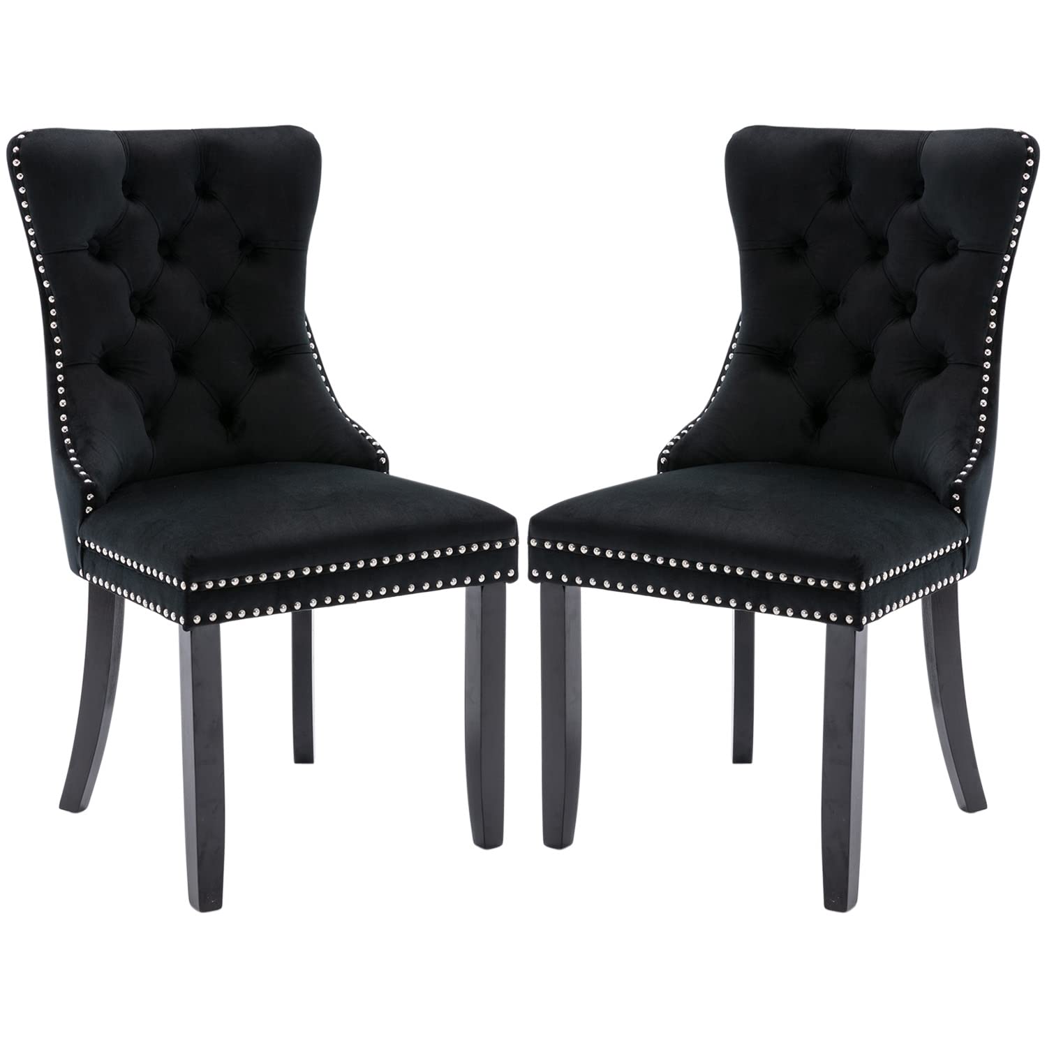 Tufted Velvet Dining Chairs Set of 2 - Button Back Upholstered Chairs with Nailhead Trim for Kitchen, Bedroom & Restaurant - Elegant Black Seating for Home Decor & Dining Room Furniture (Perfect for Small Spaces & Formal Dining)
