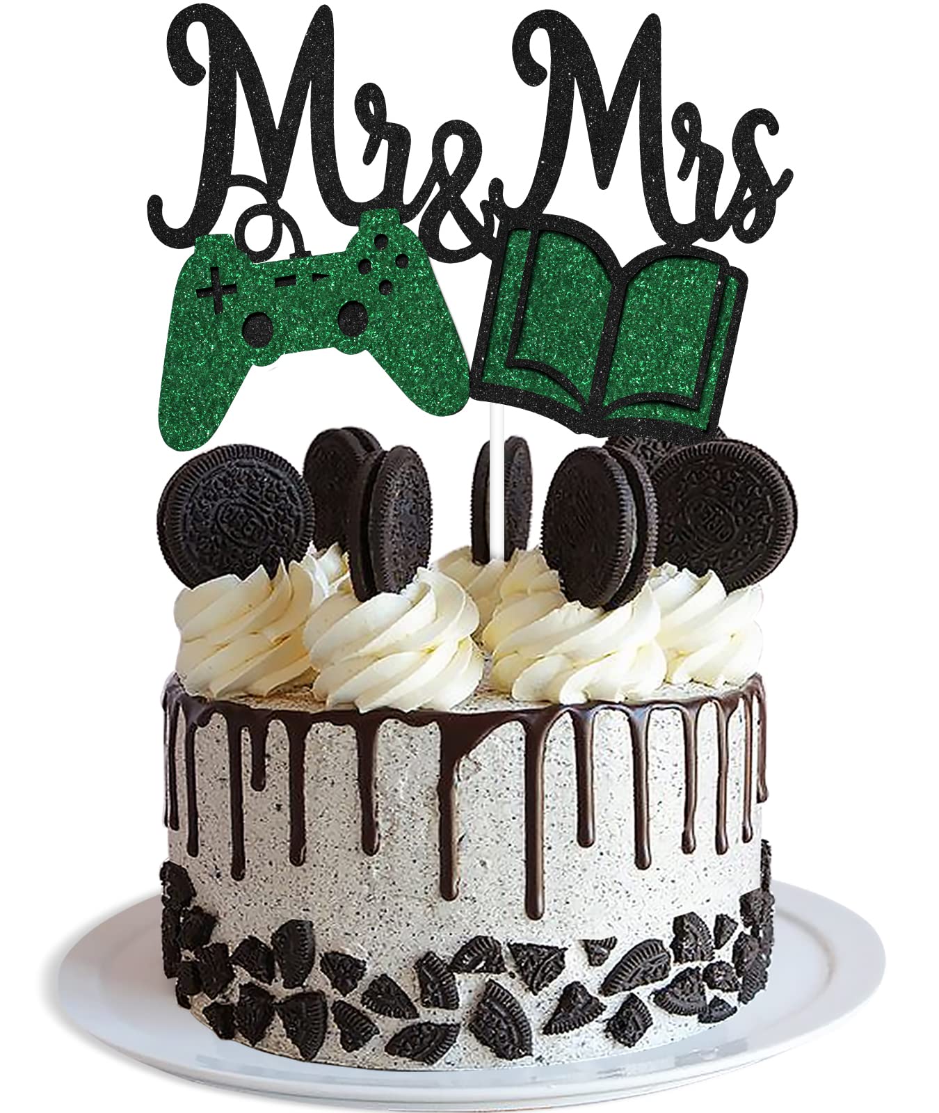 Mr & Mrs Wedding Cake Topper - Glitter Game Controller & Book Design - Funny Bridal Shower & Engagement Party Decoration - Perfect for Gamer Couples Wedding Cakes