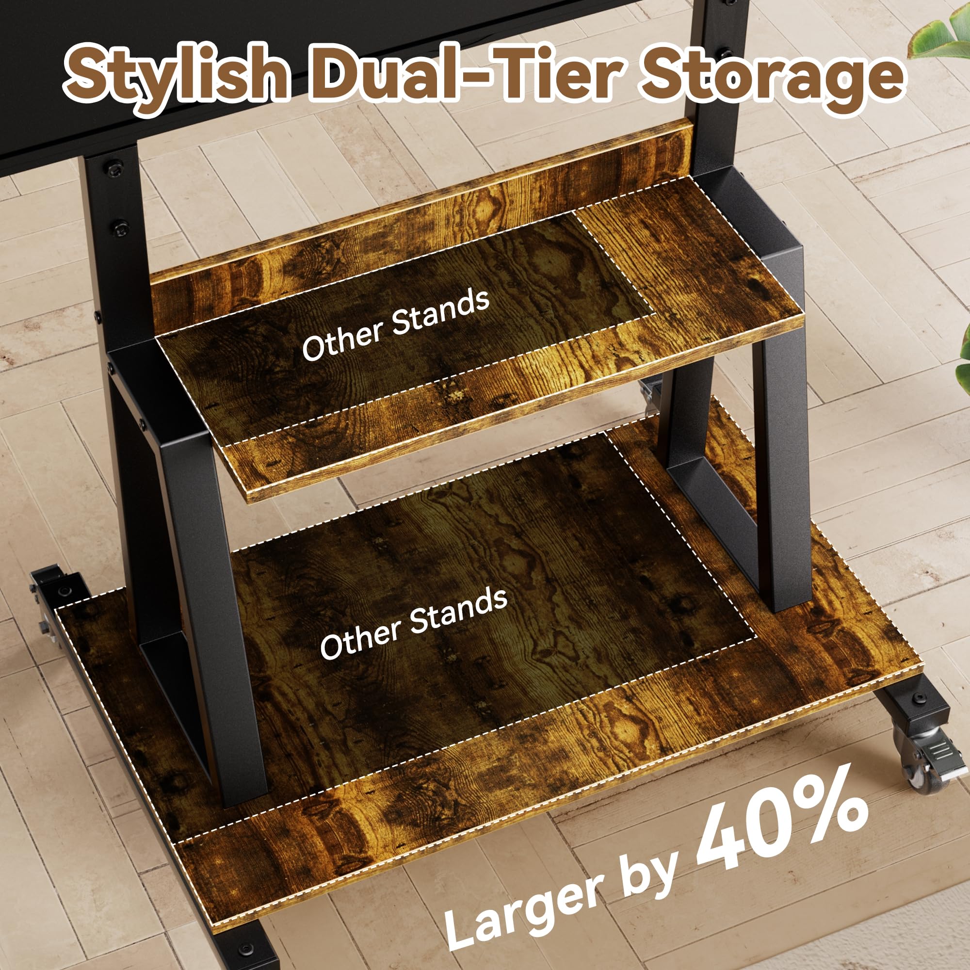 Rolling TV Cart with Lockable Wheels for 32-75 Inch TVs - Portable TV Stand with 2-Tier Storage Shelves - Heavy Duty Entertainment Center on Wheels Holds 150 lbs - Retro Style for Living Room & Bedroom - Perfect for Small Spaces & Home Theater Setup