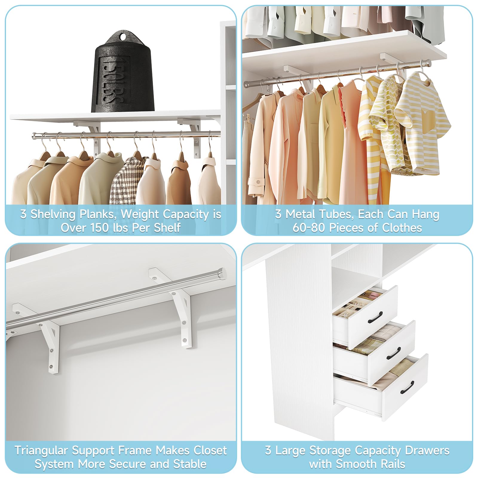 96 Inch Heavy Duty Walk-In Closet Organizer System - 8FT Closet Storage with 3 Adjustable Shelves, 3 Hanging Rods & 3 Drawers - Built-In Garment Rack (96