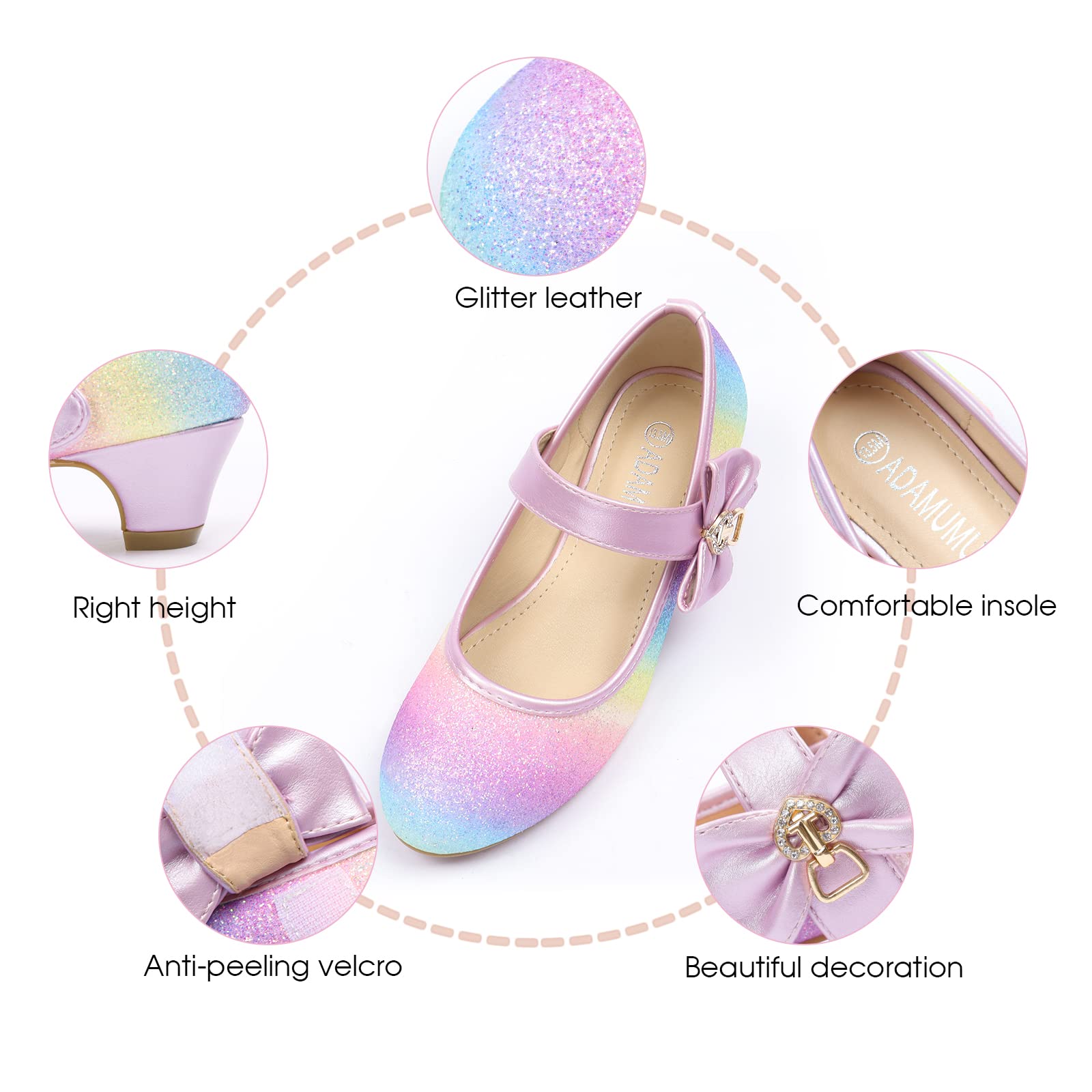 ADAMUMU Girls Low Heel Dress Shoes for Wedding - PU Leather Comfortable Party Shoes for Little Big Kids - Perfect for Bridesmaids, Flower Girls & Special Occasions