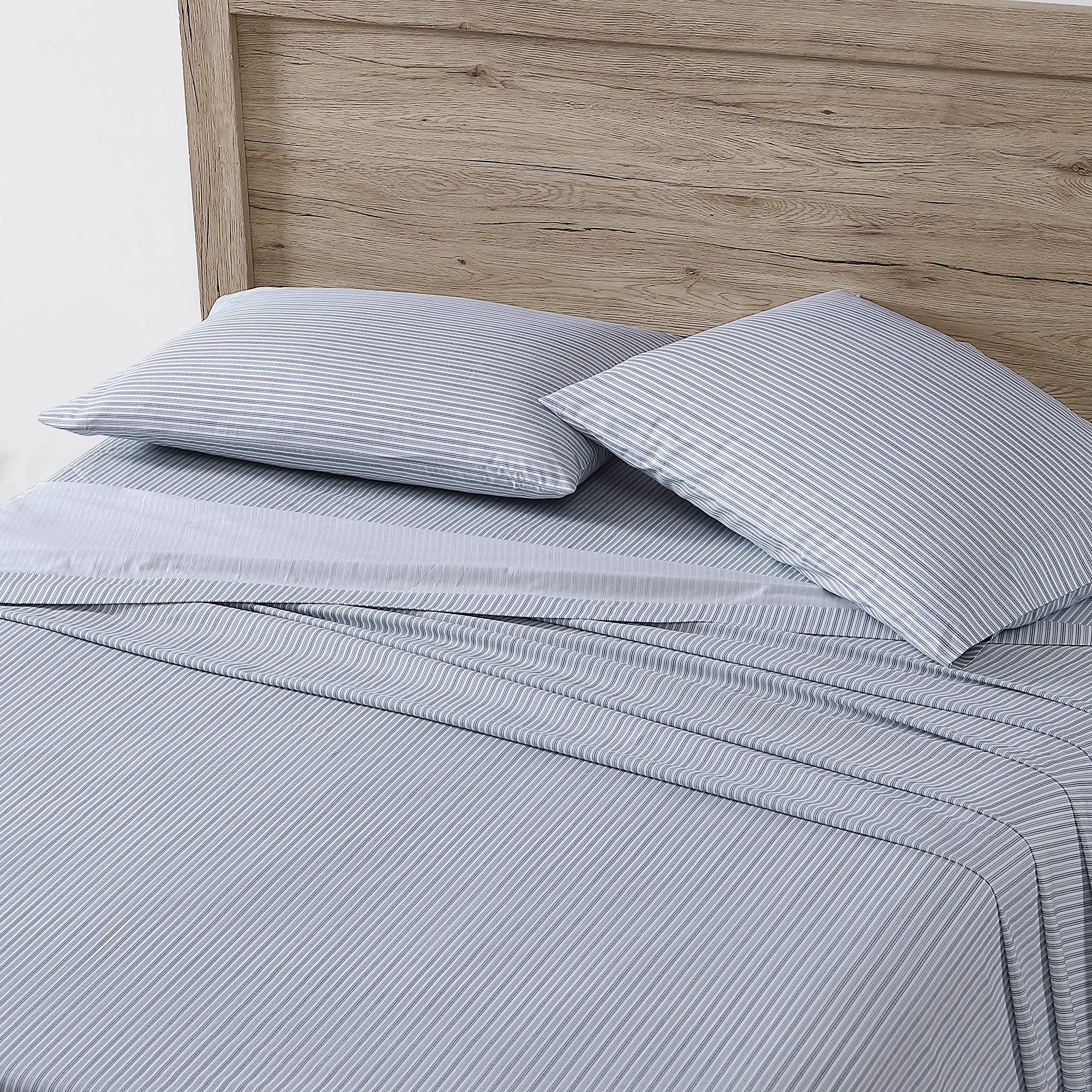 Eddie Bauer Queen Size Cotton Percale Sheet Set - Light Blue Ticking Stripe Bedding for Cool & Comfortable Sleep - Perfect for Master Bedroom, Guest Room & Vacation Homes