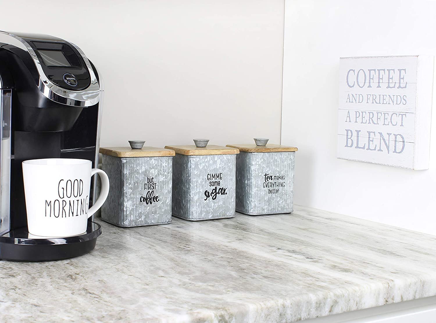 AuldHome 3-Piece Farmhouse Galvanized Canister Set - Rustic Wood & Metal Storage Containers for Coffee, Tea, Sugar - Kitchen Pantry Organization & Countertop Decor
