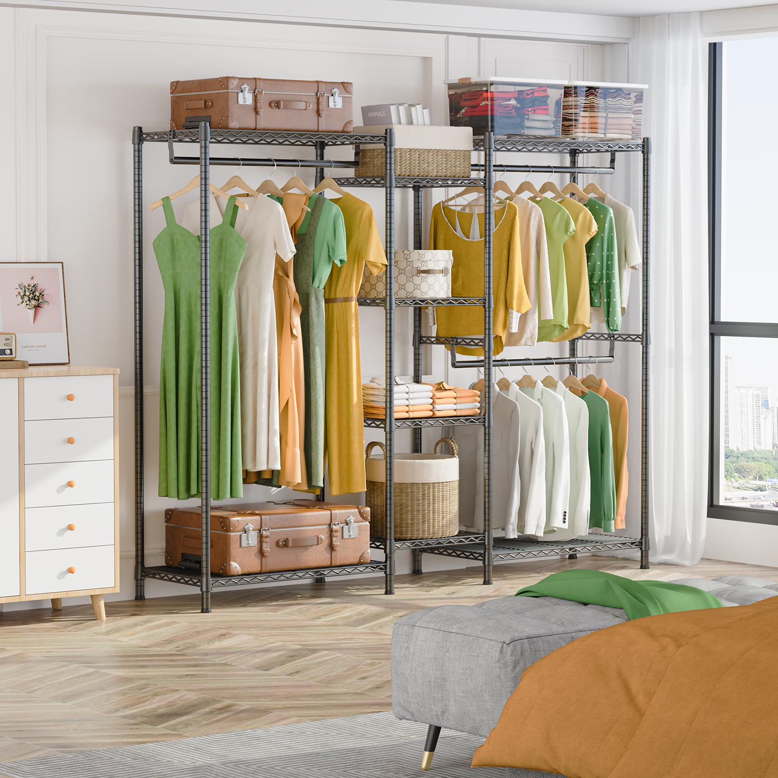 LEHOM G6M Heavy Duty Clothes Rack - Portable Garment Rack with Storage Shelves, Freestanding Metal Clothing Rack Wardrobe for Bedroom Closet Organization (Medium Size) - Perfect for Small Spaces, Laundry Rooms & Dorm Storage