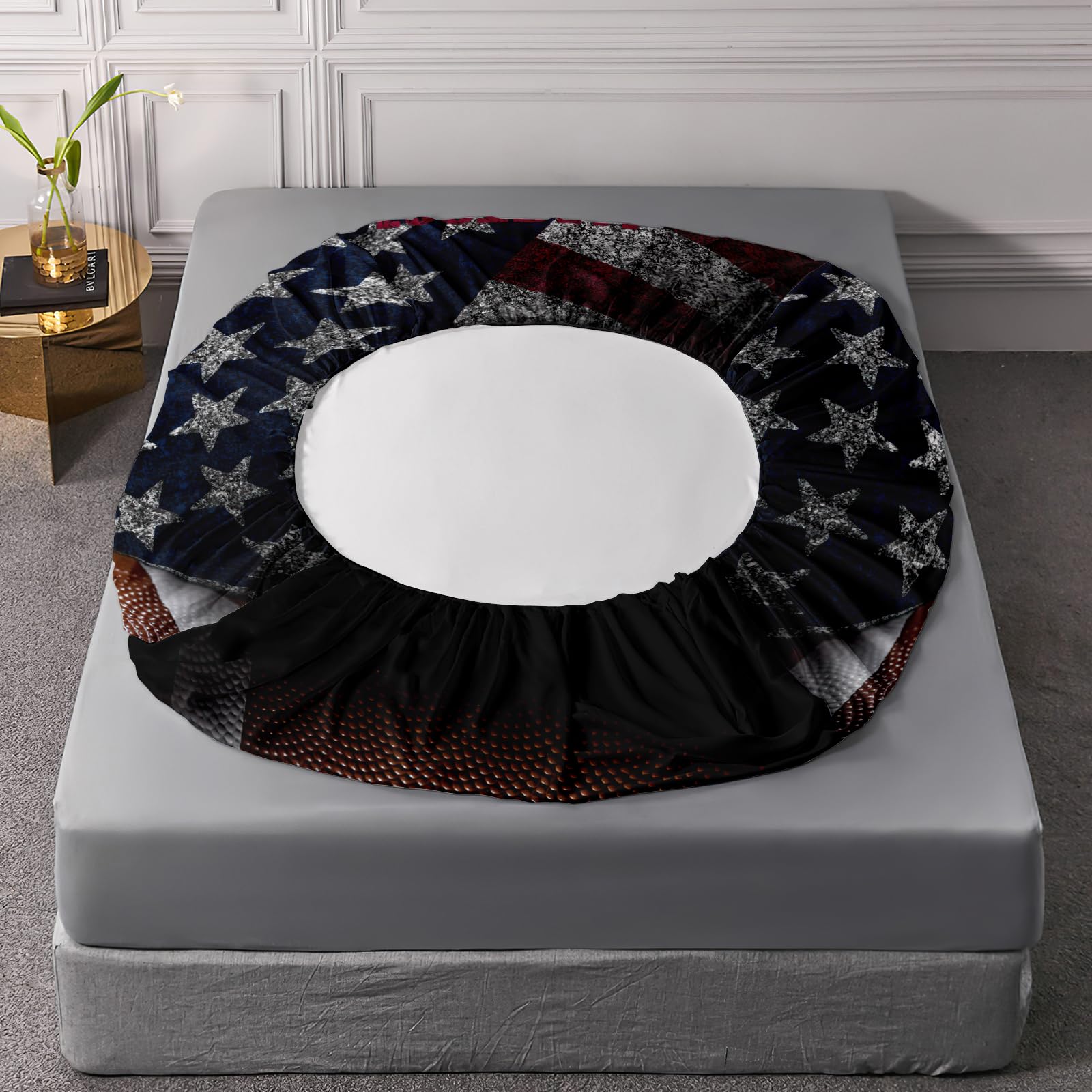 American Flag Football Fitted Sheet Queen Size - Axolotl Sports Bedding Set for Kids & Teens (1 Flat Sheet, 1 Fitted Sheet, 2 Pillowcases) - Perfect for Football, Rugby Fans' Bedrooms & Dorm Rooms