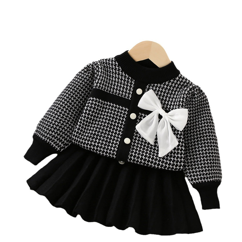 Elegant Bow Knitted Long Sleeve Princess Sweater Two-Piece Set for Girls | Winter Outfit for Parties & Family Photos