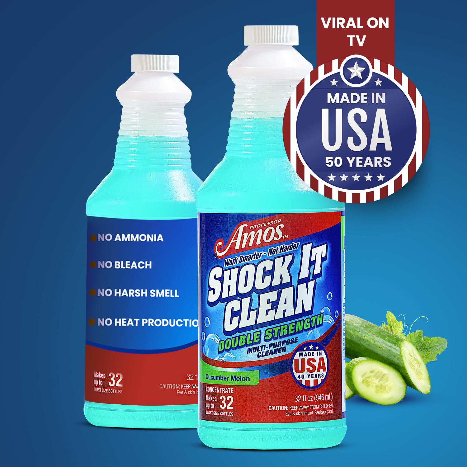Professor Amos Shock It Clean Multi-Purpose Cleaner Concentrate - Double Strength for Carpets, Jewelry, Upholstery, Leather & Floors | Stain Remover & All-Purpose Cleaner | Cucumber Melon Scent (32 Oz) - Perfect for Home, Office & Auto Cleaning