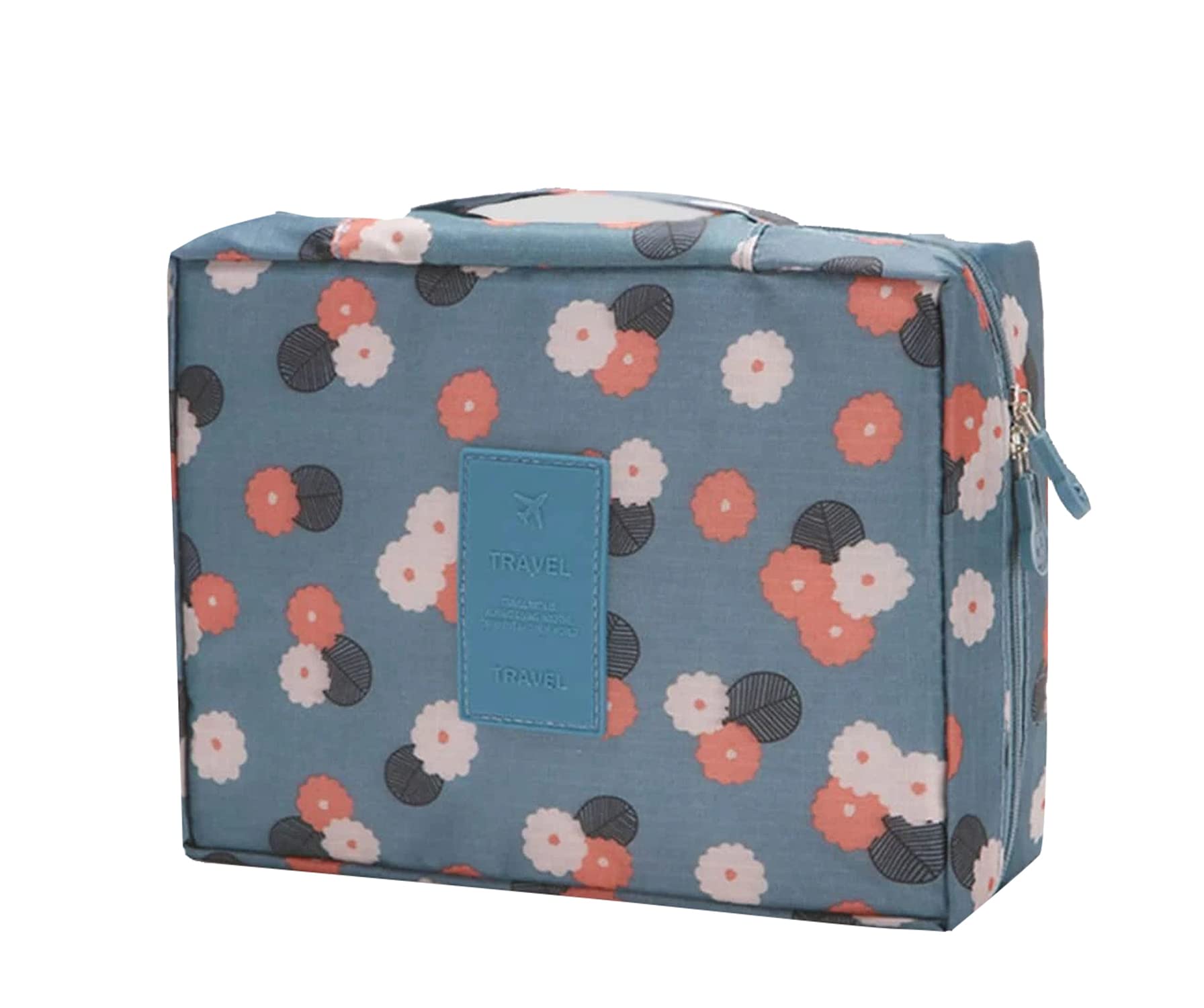 House of Quirk Travel Cosmetic Makeup Toiletry Case Storage Pouch Handbag - Dark Blue Floral Design | Perfect for Travel, Gym & Daily Organization