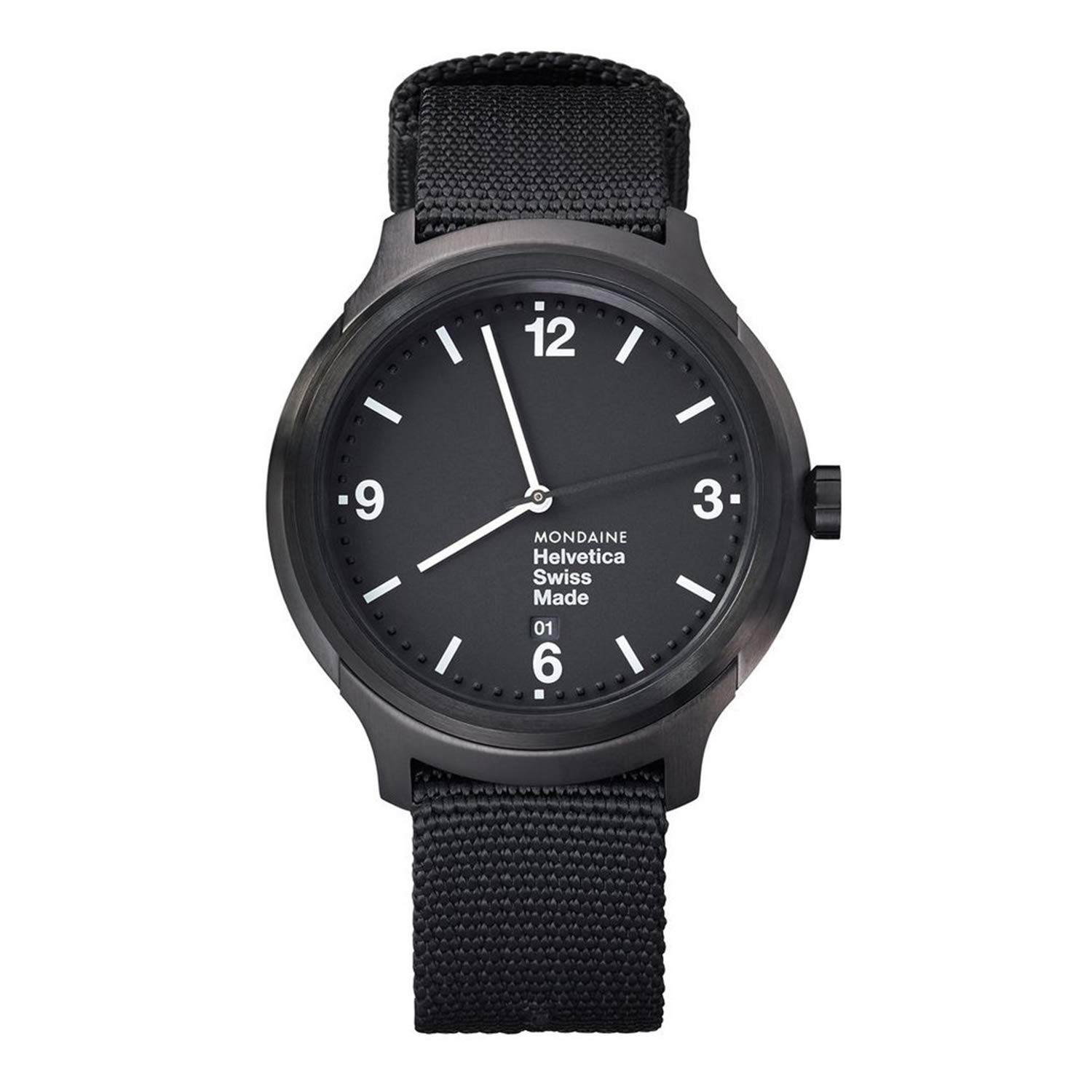 Mondaine Helvetica MH1.B1221.NB Men's Watch - 43mm Black Nylon Strap, Date Display, 30m Waterproof, Sapphire Crystal, Stainless Steel Case - Swiss Made Luxury Watch for Business, Casual & Outdoor Activities