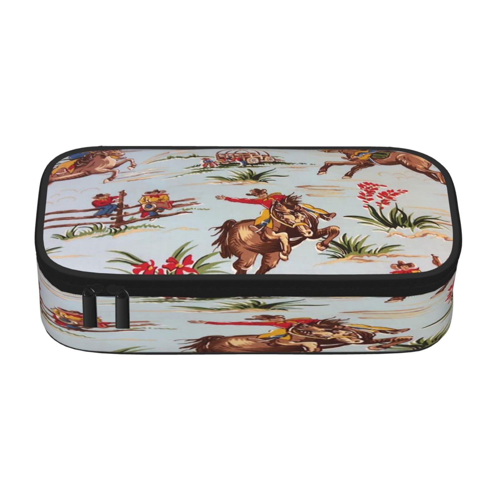 Vintage Cowboys & Horses Design Large Capacity Pencil Case - Double Zipper Cosmetic Organizer for Women - Perfect for School, Office & Travel Accessories Storage