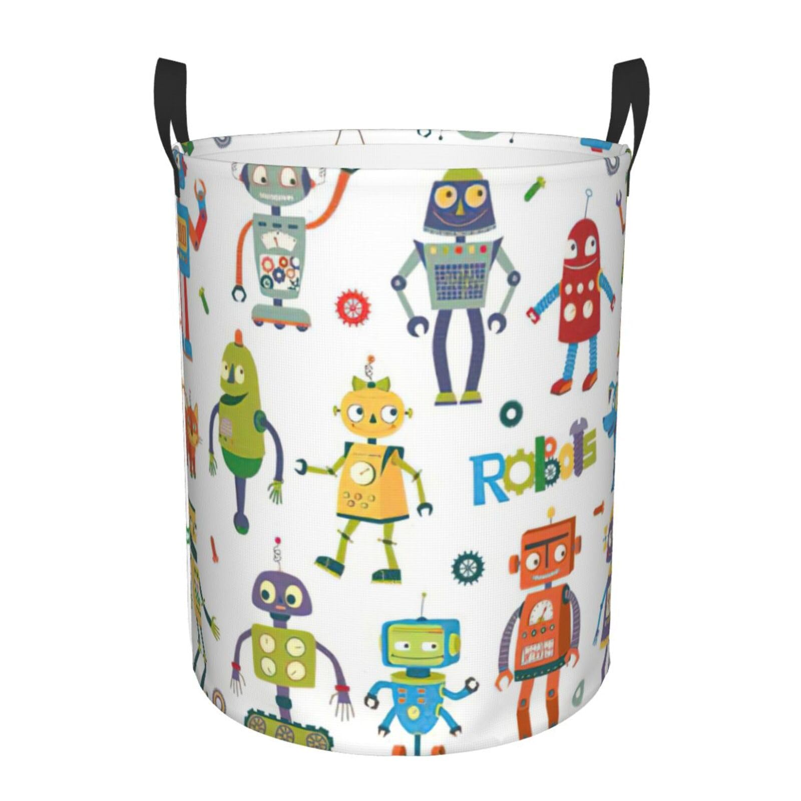 Cartoon Robots Print Round Laundry Basket - Stylish Storage for Clothes, Books & Toys | Perfect for Kids Room, Nursery & Playroom Organization
