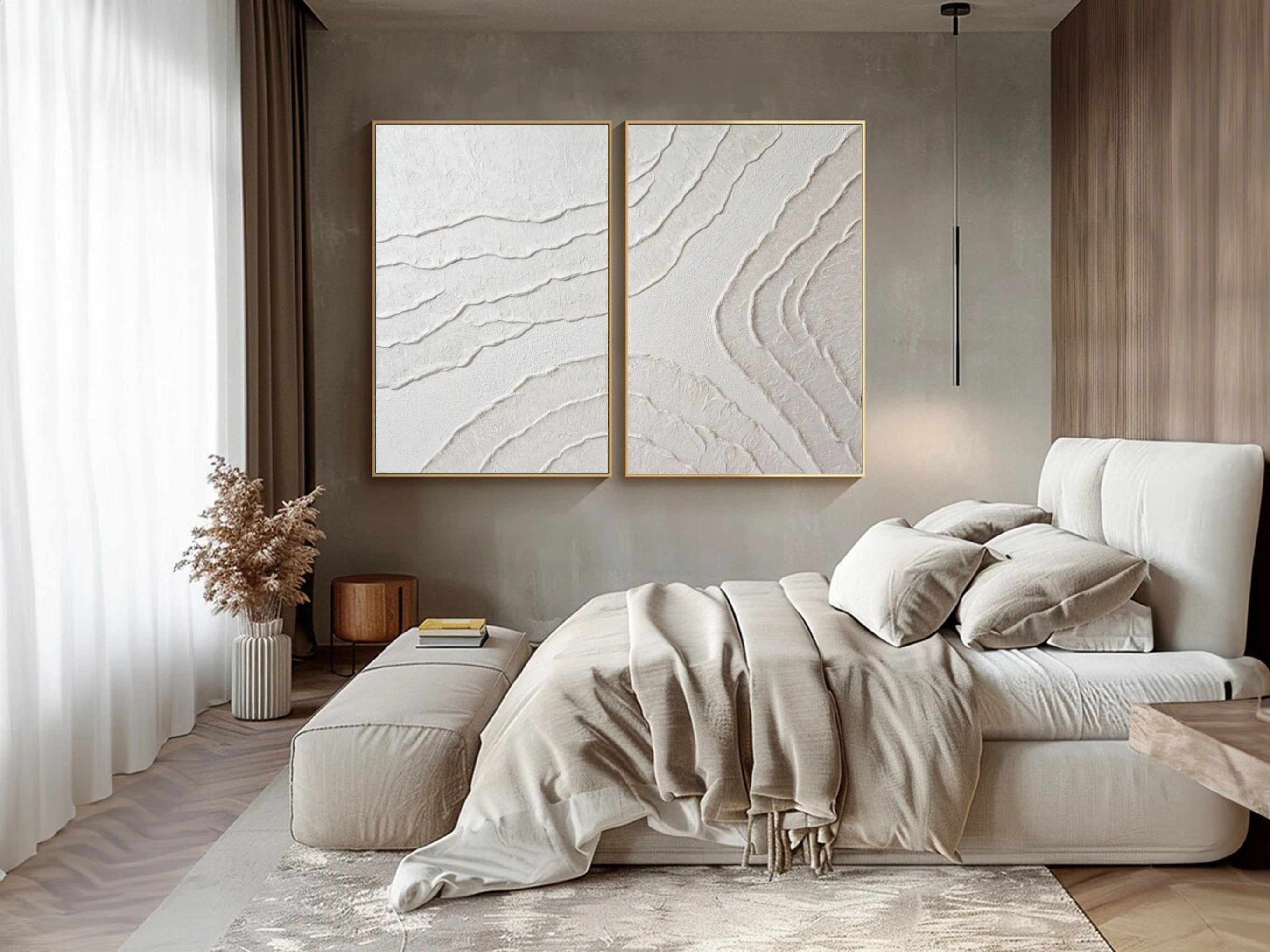 White Minimalist Textured Painting Canvas Set of 2 - Modern Abstract Wall Art for Living Room & Bedroom Decor #MM305