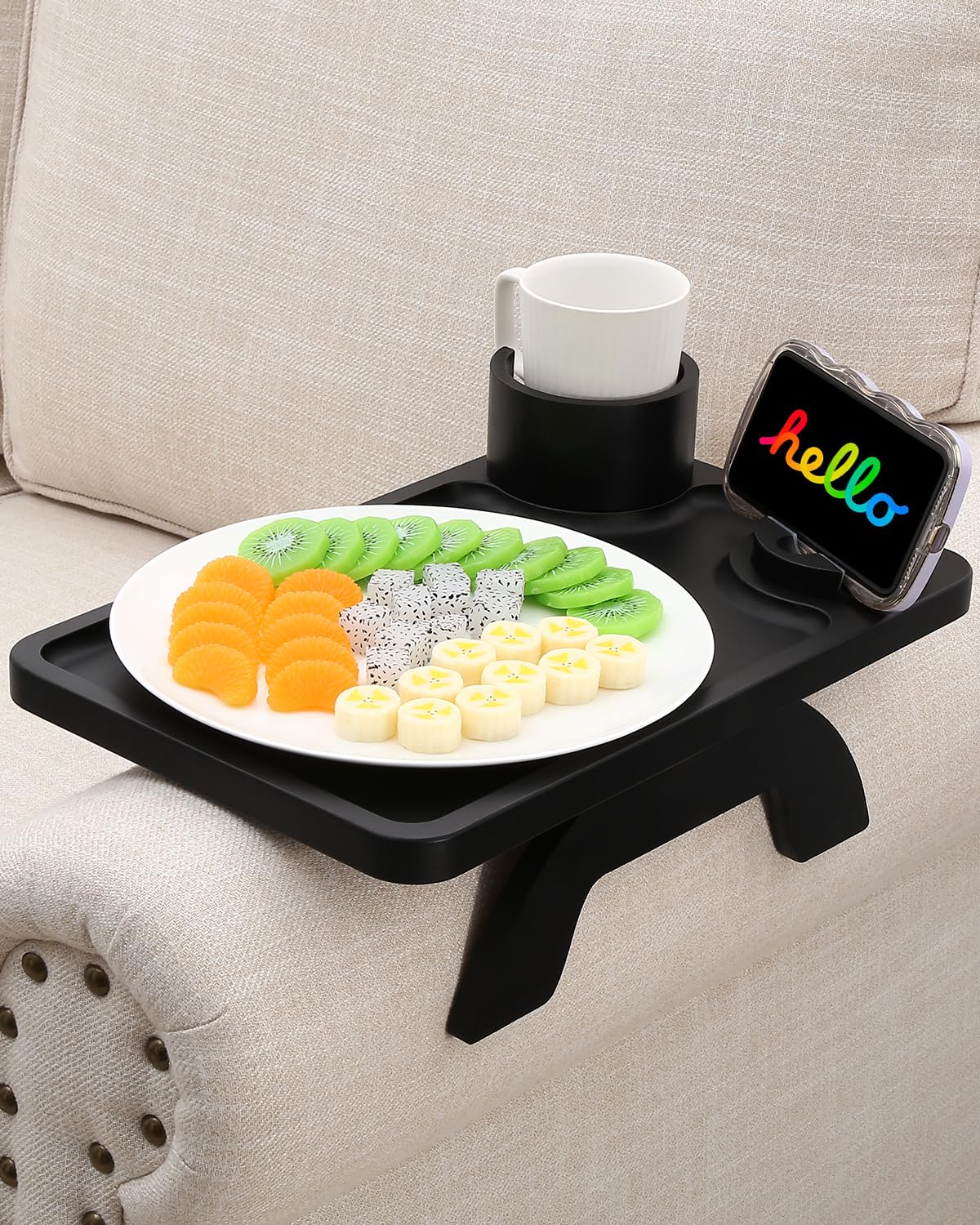 360° Rotating Bamboo Couch Arm Table with Cup & Phone Holder - 15.36x9.85 Inch Sofa Tray for Living Room, Bedroom - Perfect for Snacks, Drinks, Remote Control & Reading in Black