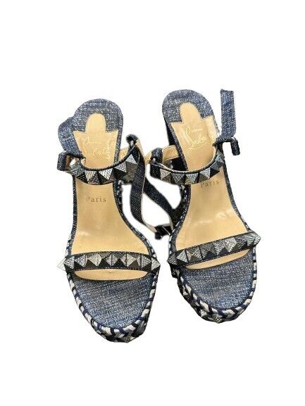 Christian Louboutin Pyraclou Spike Denim Wedge Sandals Women's Size 39 (US 9) - Stylish High Heel Shoes for Parties, Weddings & Evening Events
