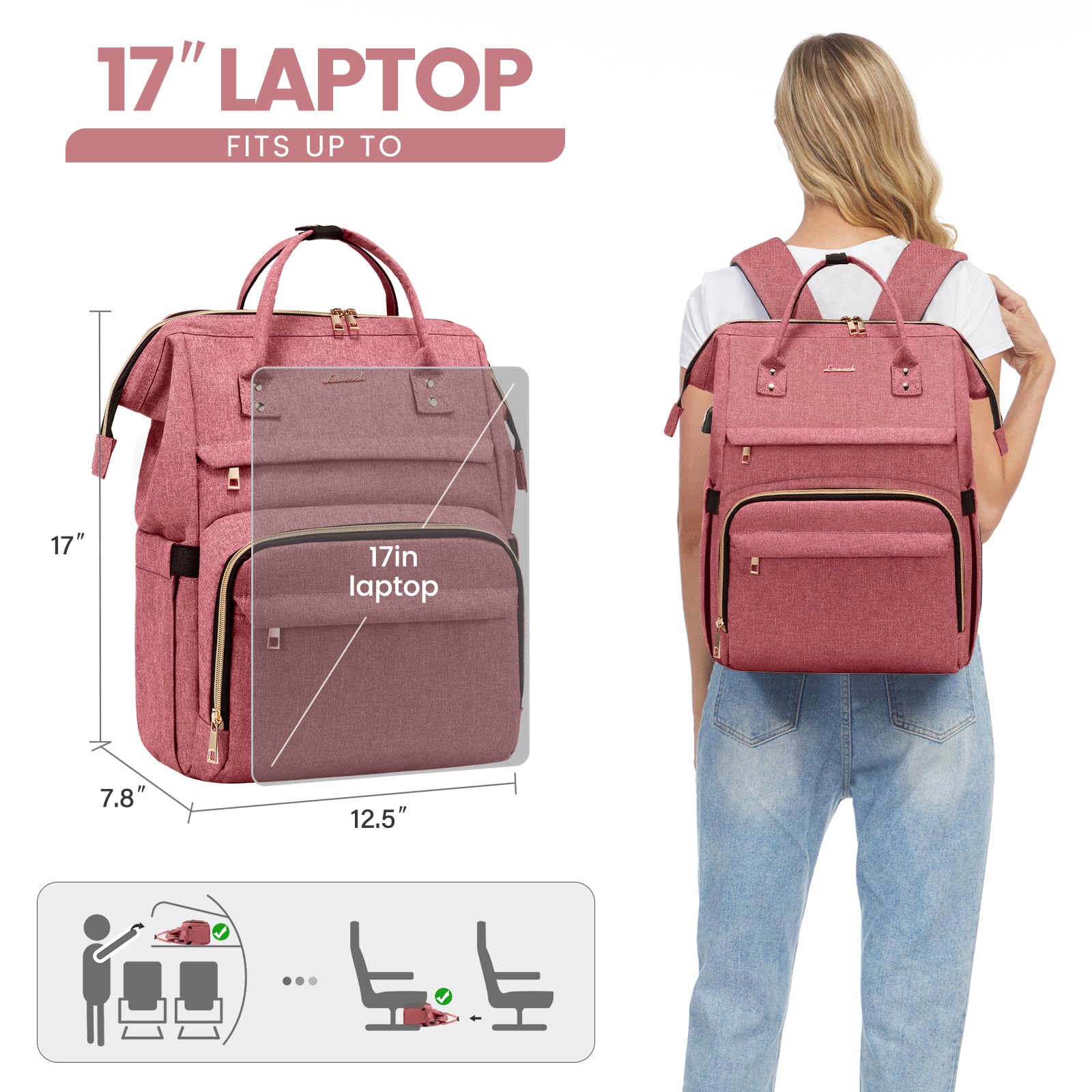 LOVEVOOK 17 Inch Laptop Backpack for Women - Waterproof USB Charging Travel Backpack, Professional Work Bag for College, Nurse & Teacher - Light Red | Perfect for Business Trips, Commuting & School Use