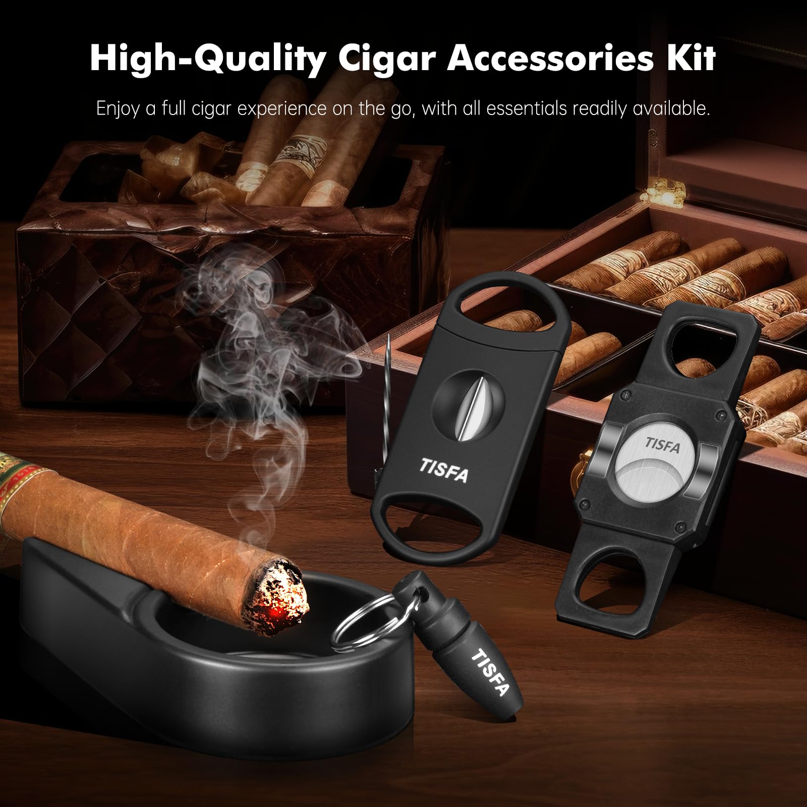 Premium Cigar Ashtray Set with Hole Punch & V Cutter - Portable Outdoor Cigar Accessories Gift Set with Draw Enhancer, Holder & Stand - Perfect for Patio, BBQ, and Man Cave Decor