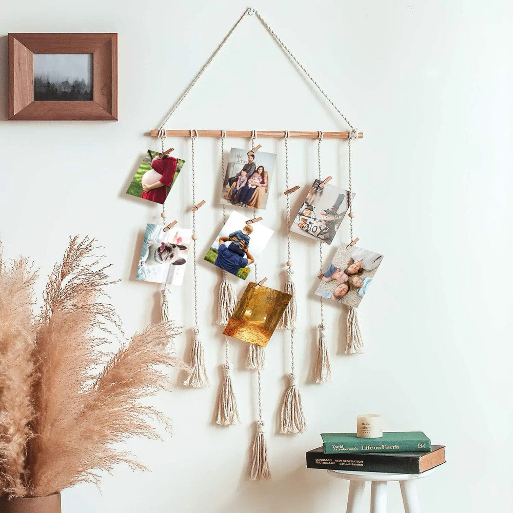 Handmade Macrame Wall Hanging for Photos - Boho Home Decor for Living Room, Bedroom or Nursery - Perfect for Displaying Polaroids, Art Prints and Memories