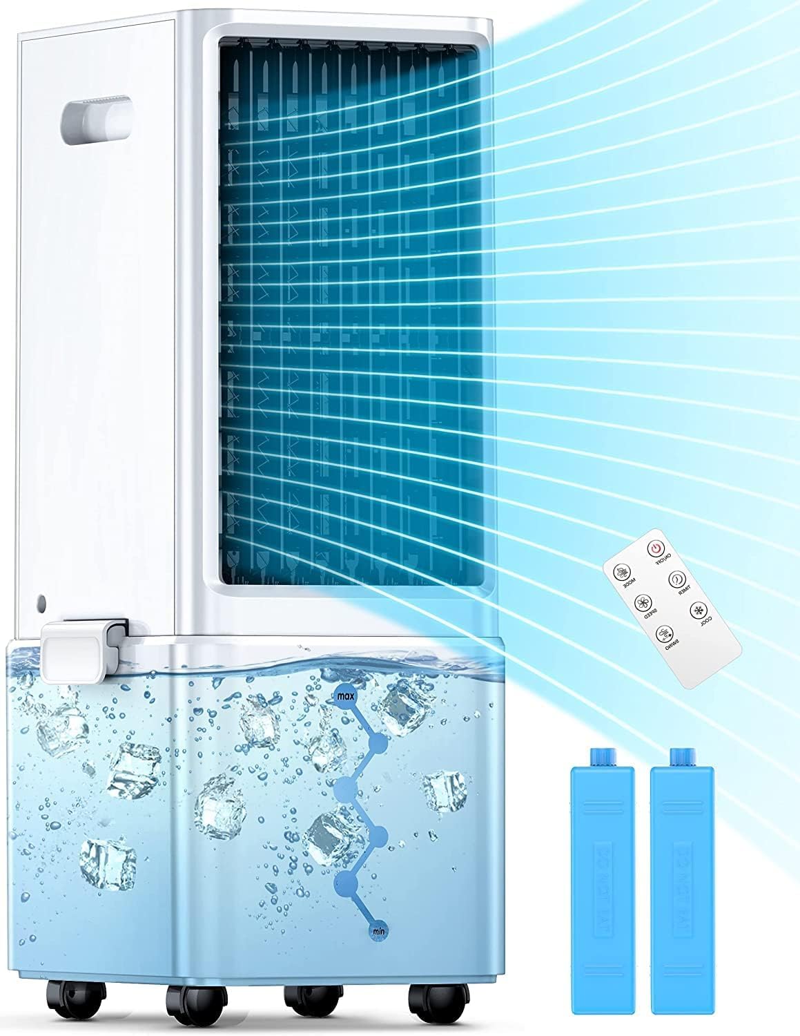 Portable Air Conditioner with Remote Control - 4 Cooling Modes & 3 Fan Speeds - Waterless Alert & 2.4 Gallon Tank for 20 Hours Cooling - 12H Auto Off Timer - 3-in-1 Evaporative Air Cooler for Bedroom, Office, Living Room - Perfect for Summer Cooling & Home Comfort