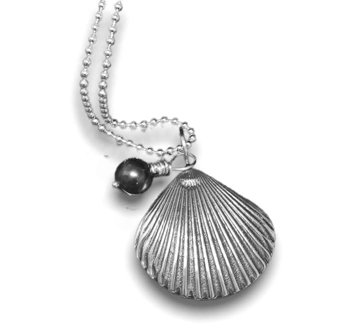 Sterling Silver Scallop Shell Necklace with Black Pearl Charm - Elegant Seashell Jewelry for Women | Perfect Beach Wedding, Vacation & Summer Accessories