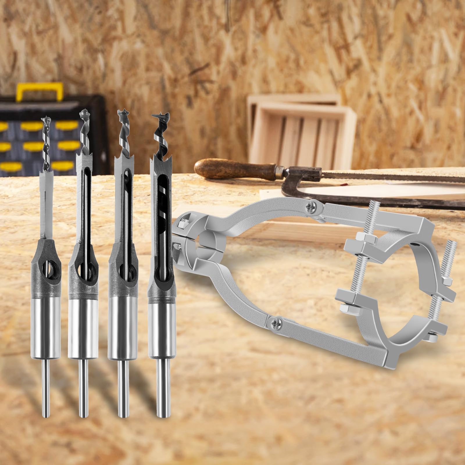Premium Carbide Square Hole Drill Bit Adapter Kit - 4-Piece Woodworking Mortising Chisel Set with Tenon Drill Bits & Fixing Bracket for Bench Drill | Perfect for Furniture Making, Cabinet Joinery, and DIY Wood Projects