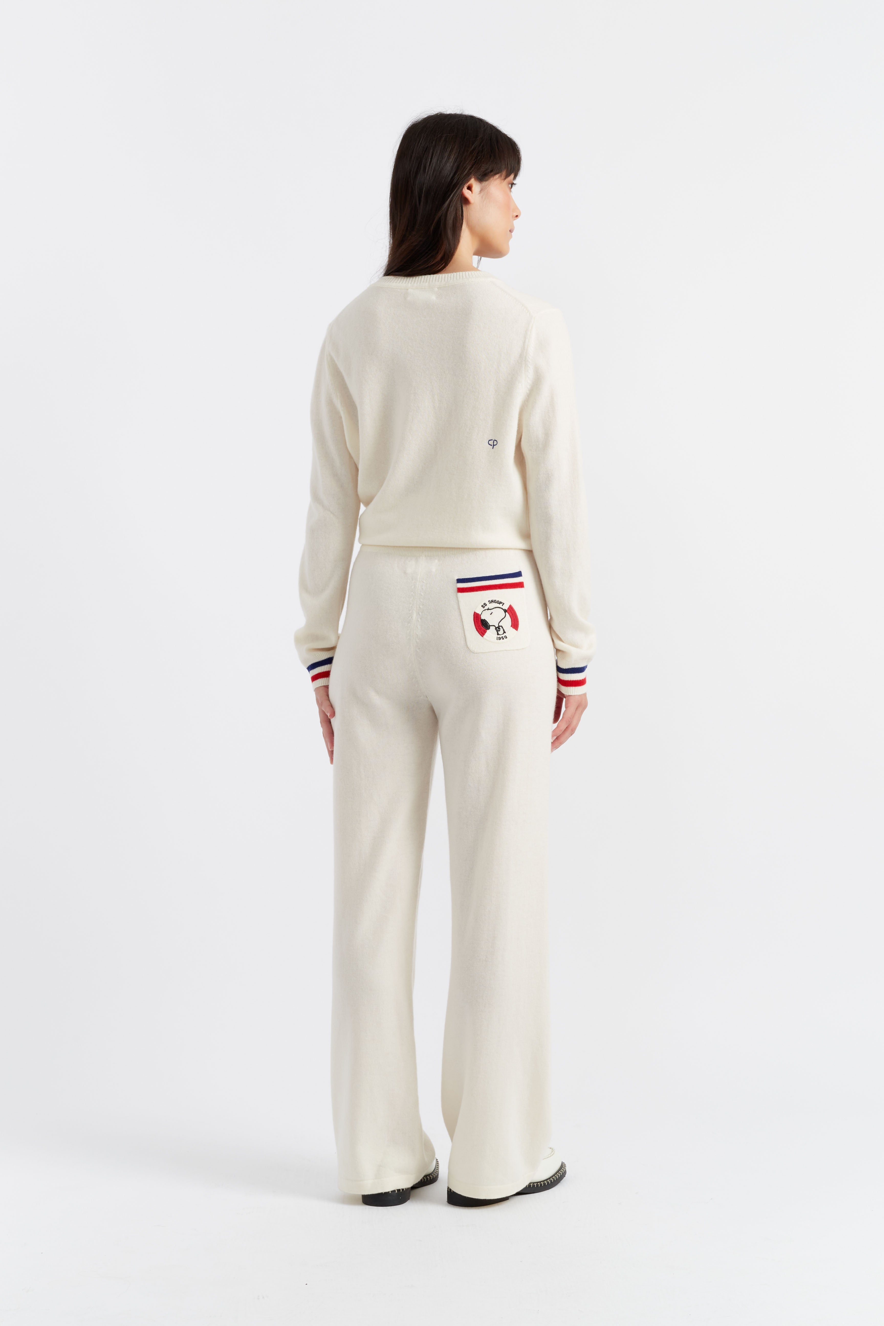 Premium Cream Wool Cashmere Snoopy Print Nautical Wide Leg Lounge Pants - Cozy Winter Loungewear for Women, Perfect for Home Relaxation & Casual Outings