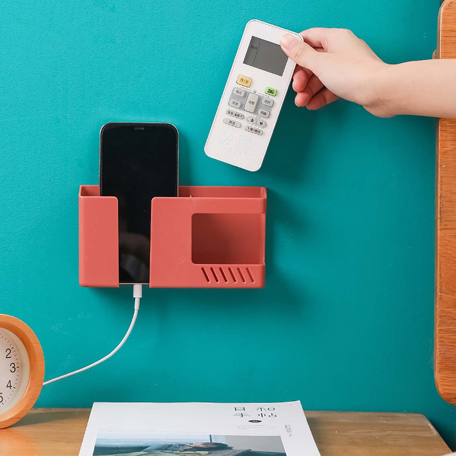 2-in-1 Wall Mounted Phone Holder & Charging Stand - Multi-Function Home Organizer for Kitchen, Bathroom, Office (Red, Universal Size) | Perfect for Hands-Free Viewing & Space Saving Storage