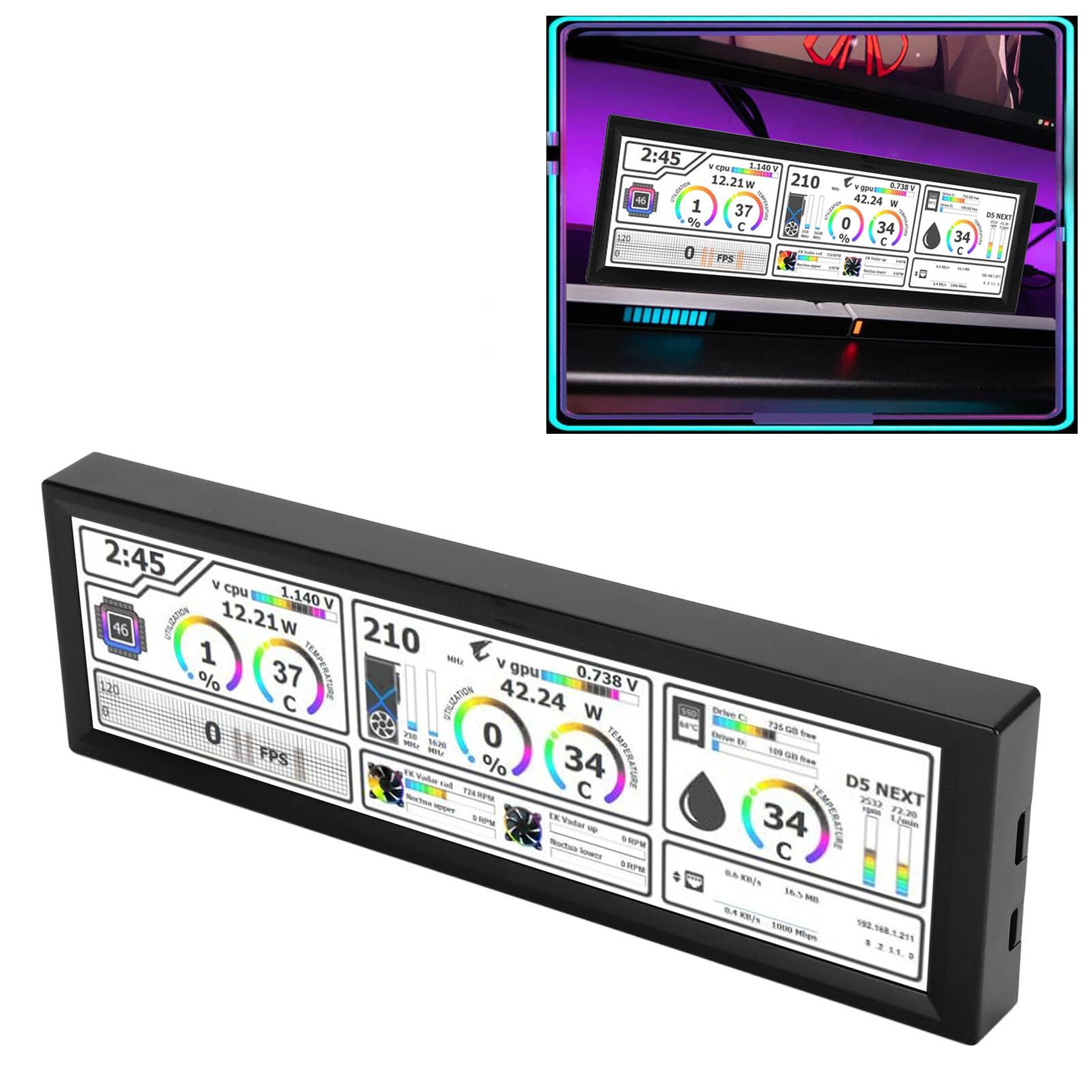 8.8 Inch PC Temperature Monitor with Case - Dynamic AIDA64 Sensor Panel, IPS USB Mini Touch Screen for CPU/RAM Data Monitoring - ARGB Computer Case Secondary Display for Gaming & Workstation PCs