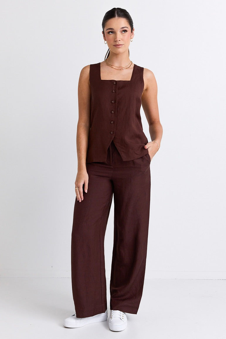Island Chocolate Linen Pleat Front Wide Leg Pants for Women - Comfortable High Waisted Loose Fit Trousers for Summer, Office & Casual Wear