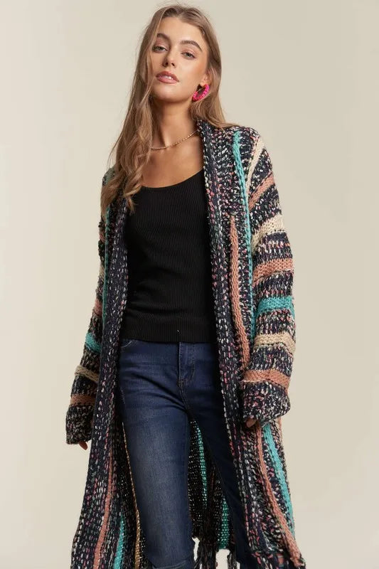 Stylish ADORA Multi-Color Long Fringe Cardigan Sweater for Women | Cozy Fall & Winter Layering | Perfect for Office, Casual Outings & Date Nights
