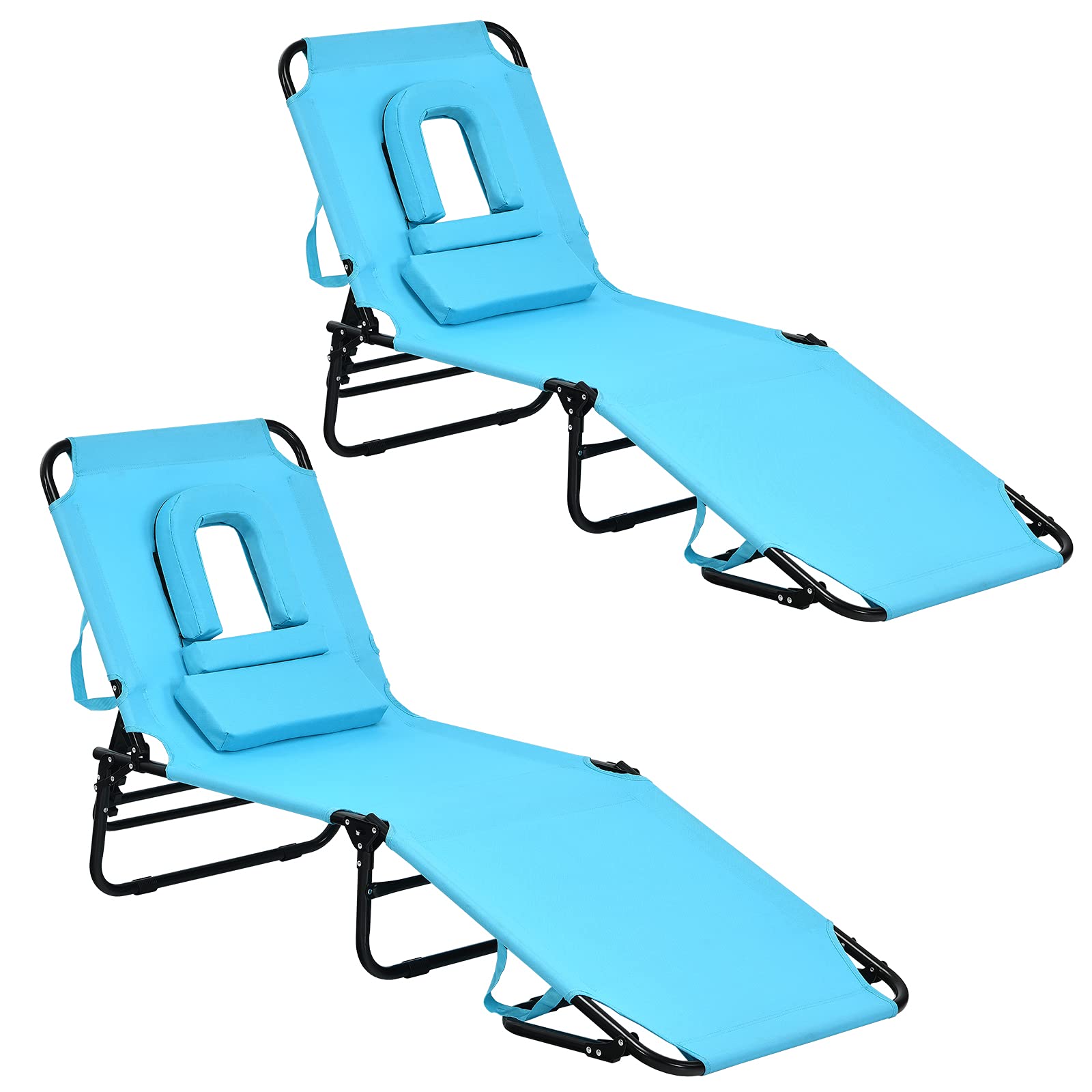 GYMAX Adjustable Folding Beach Lounge Chair - Reclining Sunbathing Chair with Face Hole for Patio, Poolside & Backyard Relaxation | Portable Outdoor Chaise Lounge for Vacation, Camping & Beach Days
