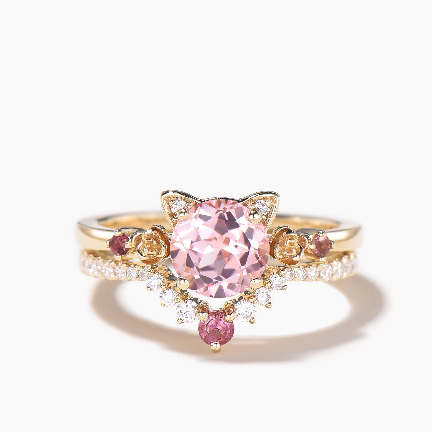 Exquisite Round Cut Padparadscha Sapphire & Diamond Floral Bridal Ring Set – Elegant Cat & Tourmaline Accents for Engagement, Wedding, or Anniversary Gifts
