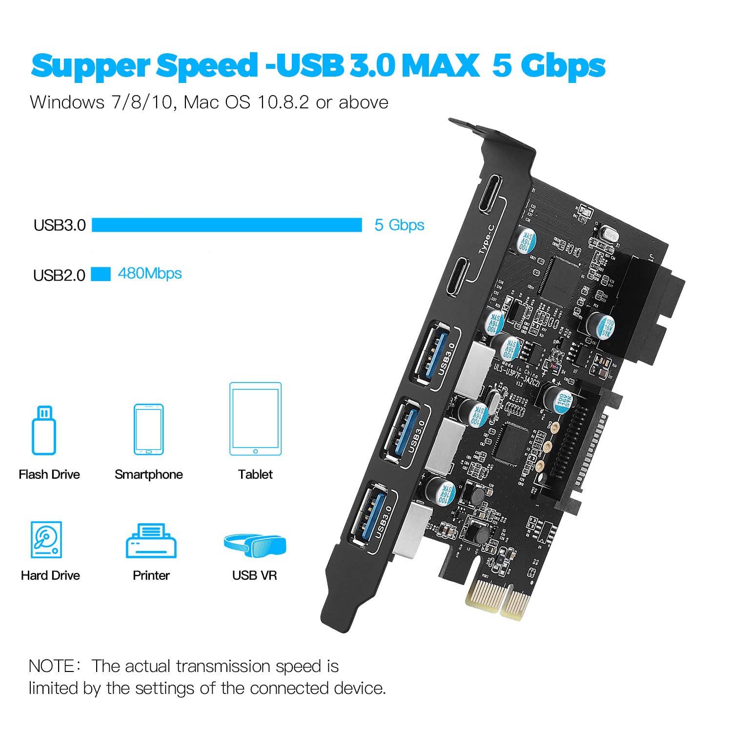 PCI-E to USB 3.0 Expansion Card (5Gbps) with 5 Ports for PC Desktop - Upgrade Your Workstation Connectivity