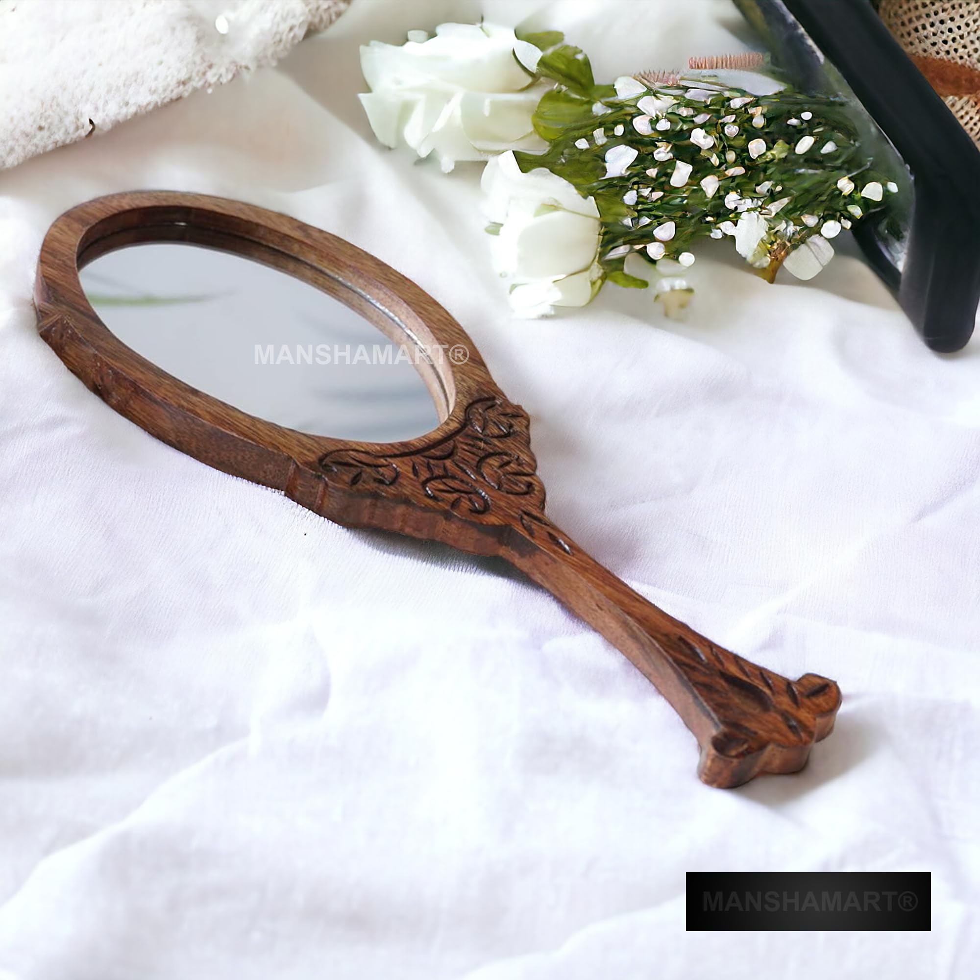 MANSHAMART® Wooden Handheld Mirror - Oval Shaped Decorative Makeup Mirror for Vanity, Dressing Table & Wall Mount | Elegant Home Decor & Travel Essential