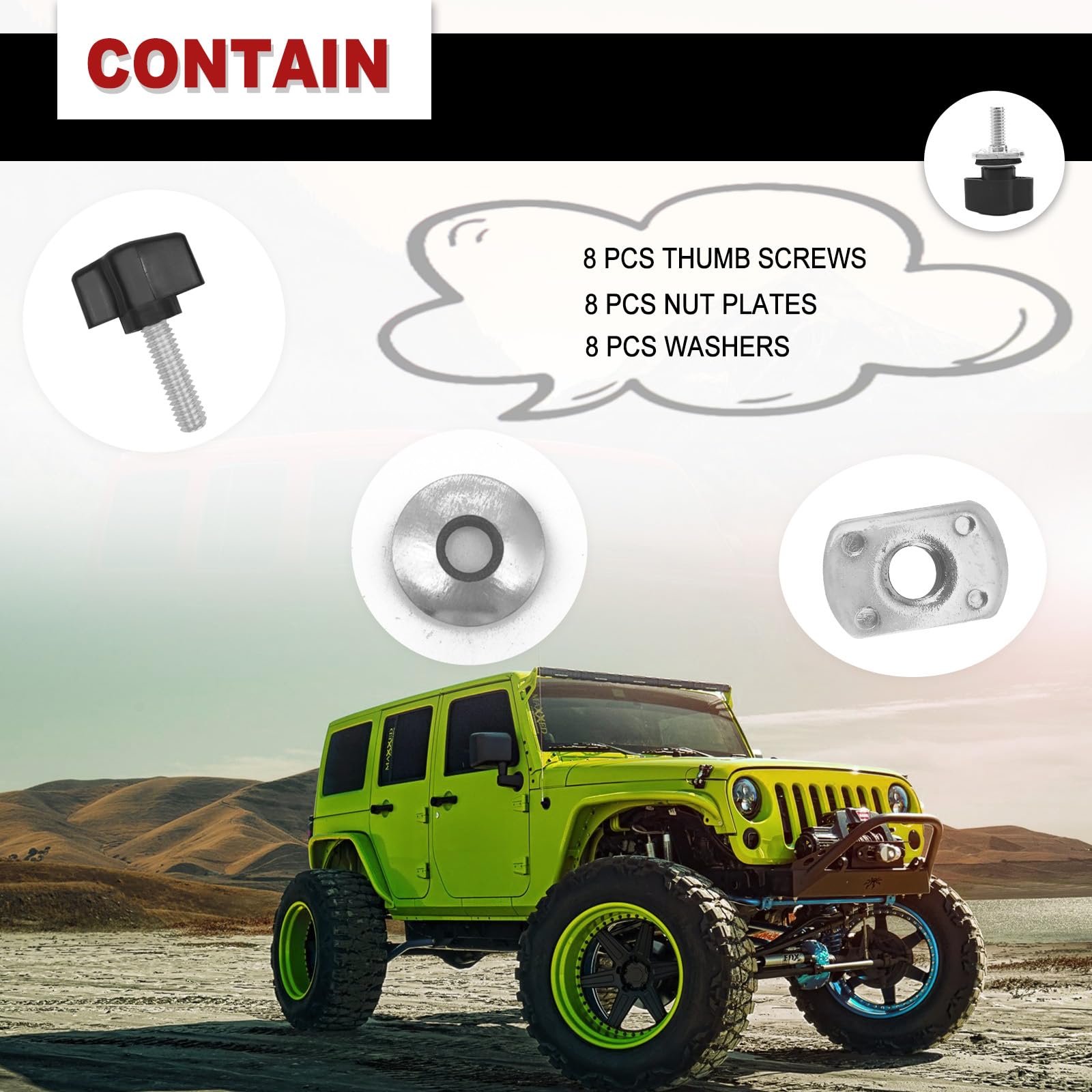 Universal Thumb Screw Kit for Jeep Wrangler Hard Top - Quick Removal Fastener Compatible with YJ TJ JK JKU (1995-2018) 2/4 Door Models Including Sport, Sahara, Rubicon & Unlimited - Easy Install & Secure Fit for Off-Road Adventures & Daily Driving