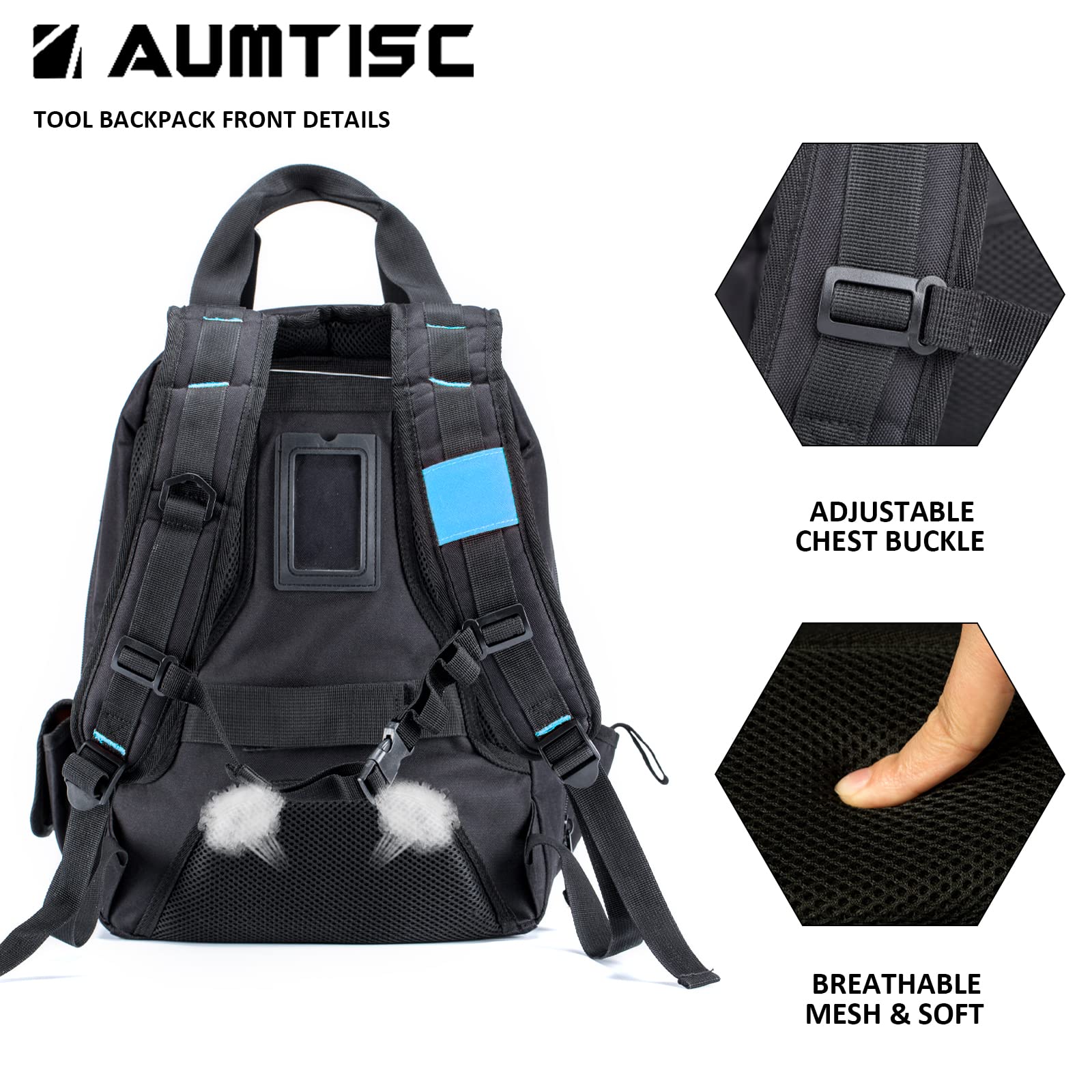 AUMTISC Heavy-Duty Tool Backpack for Men - Waterproof Construction Work Bag with Multiple Pockets for Electricians, HVAC Techs & Repairmen - Durable Jobsite Organizer (Blue) - Perfect for Construction Sites, Industrial Work & Equipment Storage