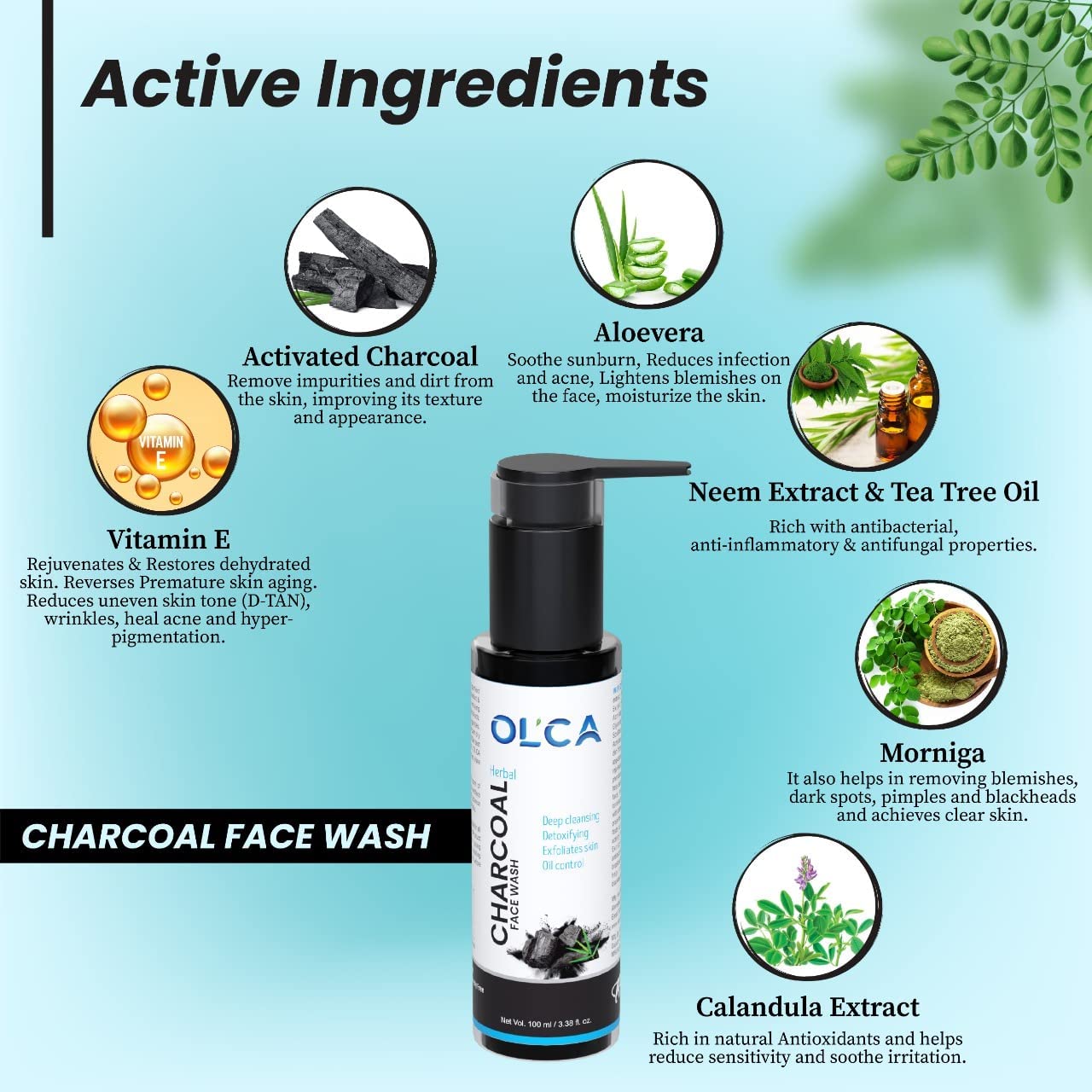 OLCA Charcoal Face Wash for Acne & Oily Skin - Deep Cleansing, Detoxifying & Exfoliating Facial Cleanser with Vitamin E & Natural Antibacterial Ingredients (100ml, Pack of 3) | Perfect for Daily Skincare Routine & Blackhead Removal