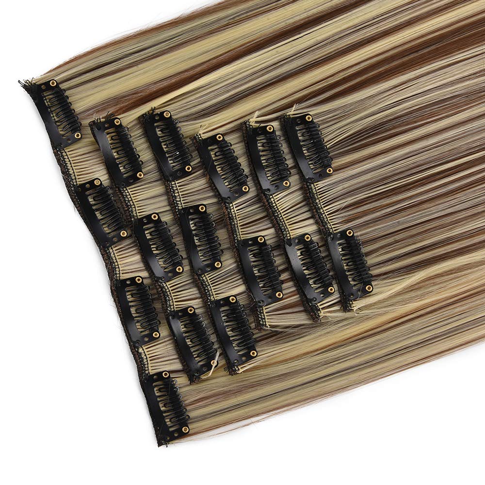 6Pcs Clip in Hair Extensions - 16 Clips Straight Synthetic Hairpiece 22 Inch Double Weft - Chestnut Brown & Bleach Blonde #6/613 - Perfect for Daily Styling, Parties & Special Occasions