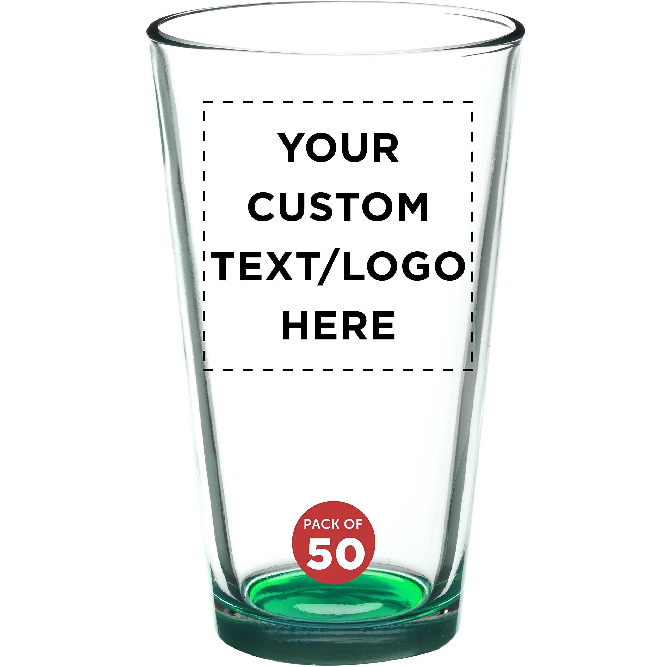Custom Arc Pint Glass 16 oz. Set of 50 - Personalized Bulk Beer Mugs, Heavy Duty Bar Drinkware for Pubs & Restaurants - Durable Green Barware for Parties, Events & Commercial Use