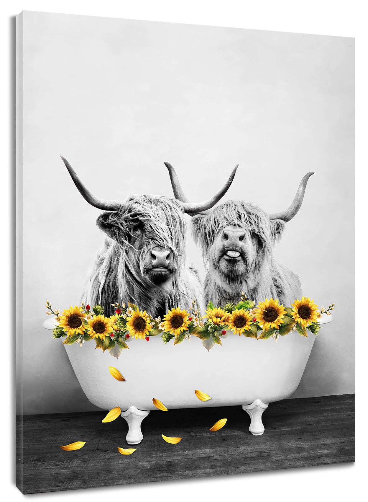 Highland Cow Wall Art - Western Farmhouse Decor with Yellow Floral Sunflower Canvas Painting, Abstract Grey Bull Picture for Bathroom, Bedroom & Living Room - Framed Ready to Hang 12x16
