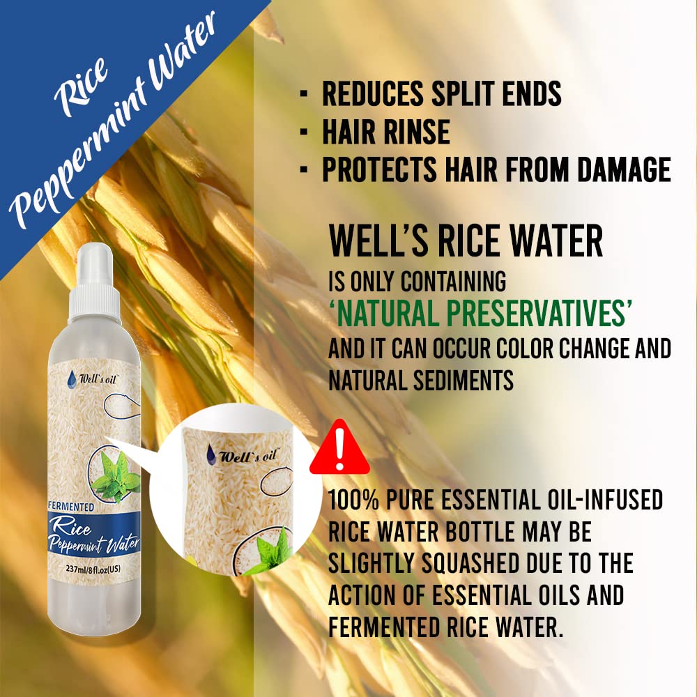 Well's Oil Fermented Rice Water Hair Spray with Peppermint Oil (8 Fl Oz) - Leave-in Conditioner for Soft Shiny Hair | Promotes Hair Growth, Reduces Split Ends & Strengthens Hair | Perfect for Daily Hydration & Scalp Care at Home or Salon