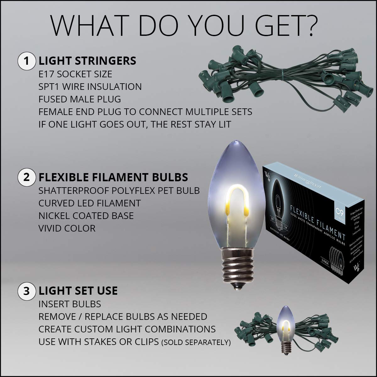 15' FlexFilament LED C9 Christmas Lights - Cool White Shatterproof Outdoor String Lights for Balcony, Patio & Holiday Decor | Weatherproof Edison Bulb Lights for Year-Round Use
