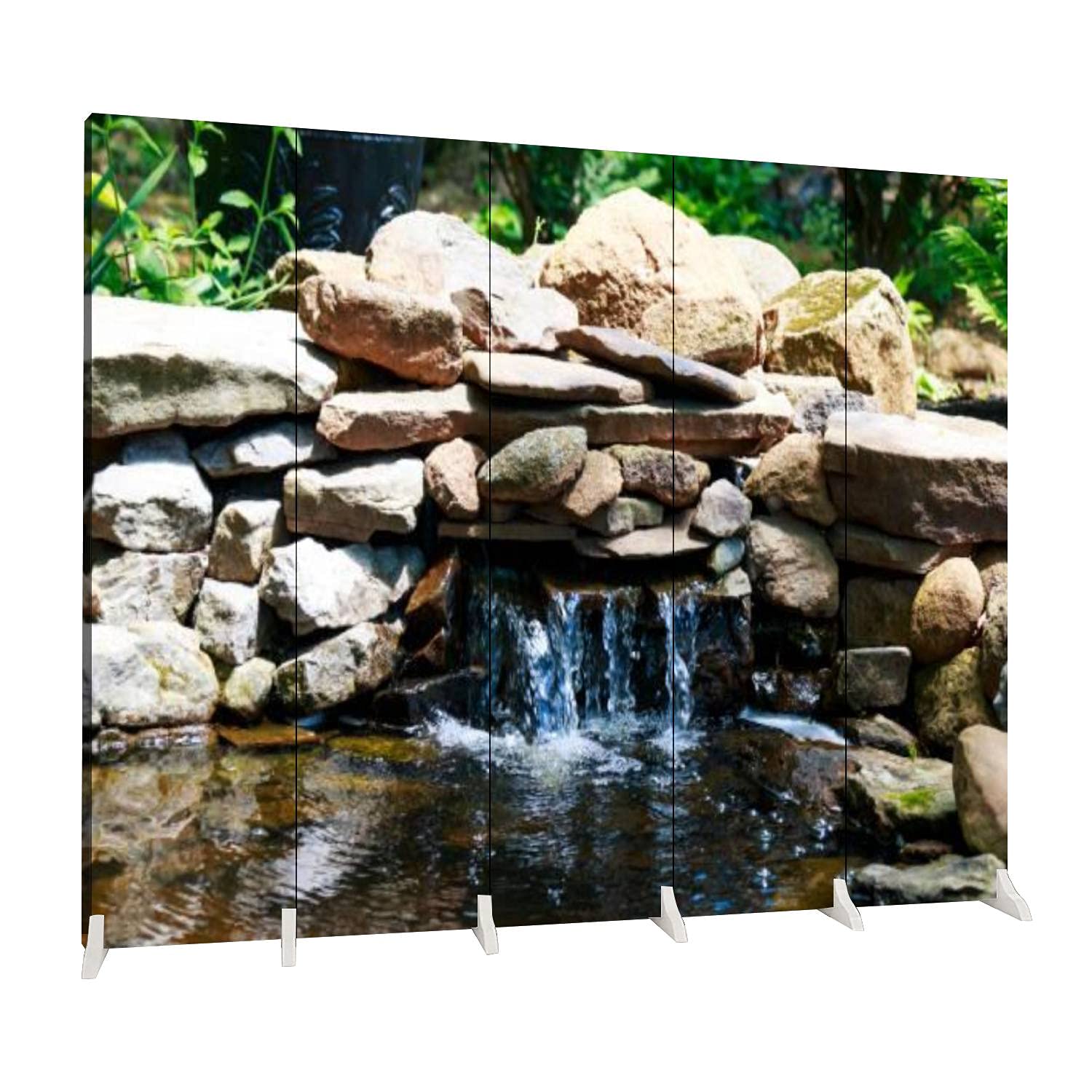 5-Panel Folding Room Divider with Natural River Stones - Clear Canvas Privacy Screen for Indoor/Outdoor Use - Freestanding Partition for Backyard, Garden, Pond, Office & Bedroom Separation