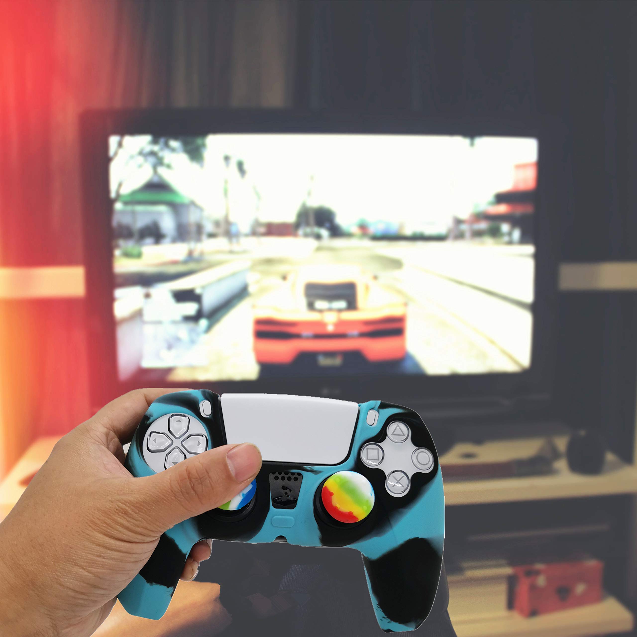 Premium Silicone PS5 Controller Cover - Anti-Slip Grip Skin for PlayStation 5 with 10pcs Thumbstick Caps (Sky Blue & Black) - Perfect for Gaming, Protection & Enhanced Comfort
