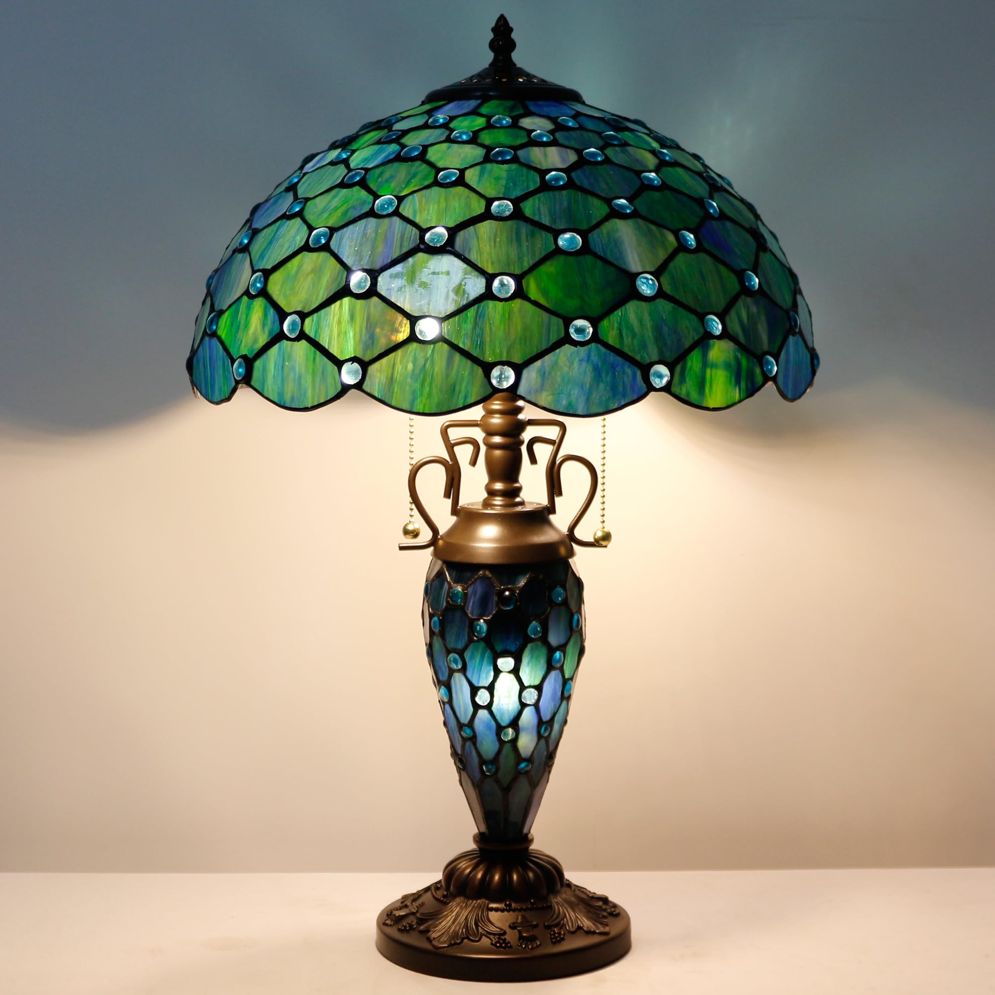 Tiffany Stained Glass Table Lamp - 16x16x24 Inch Antique Reading Lamp with Night Light, Sea Blue Pearl - Perfect for Living Room, Bedroom, and Office Decor