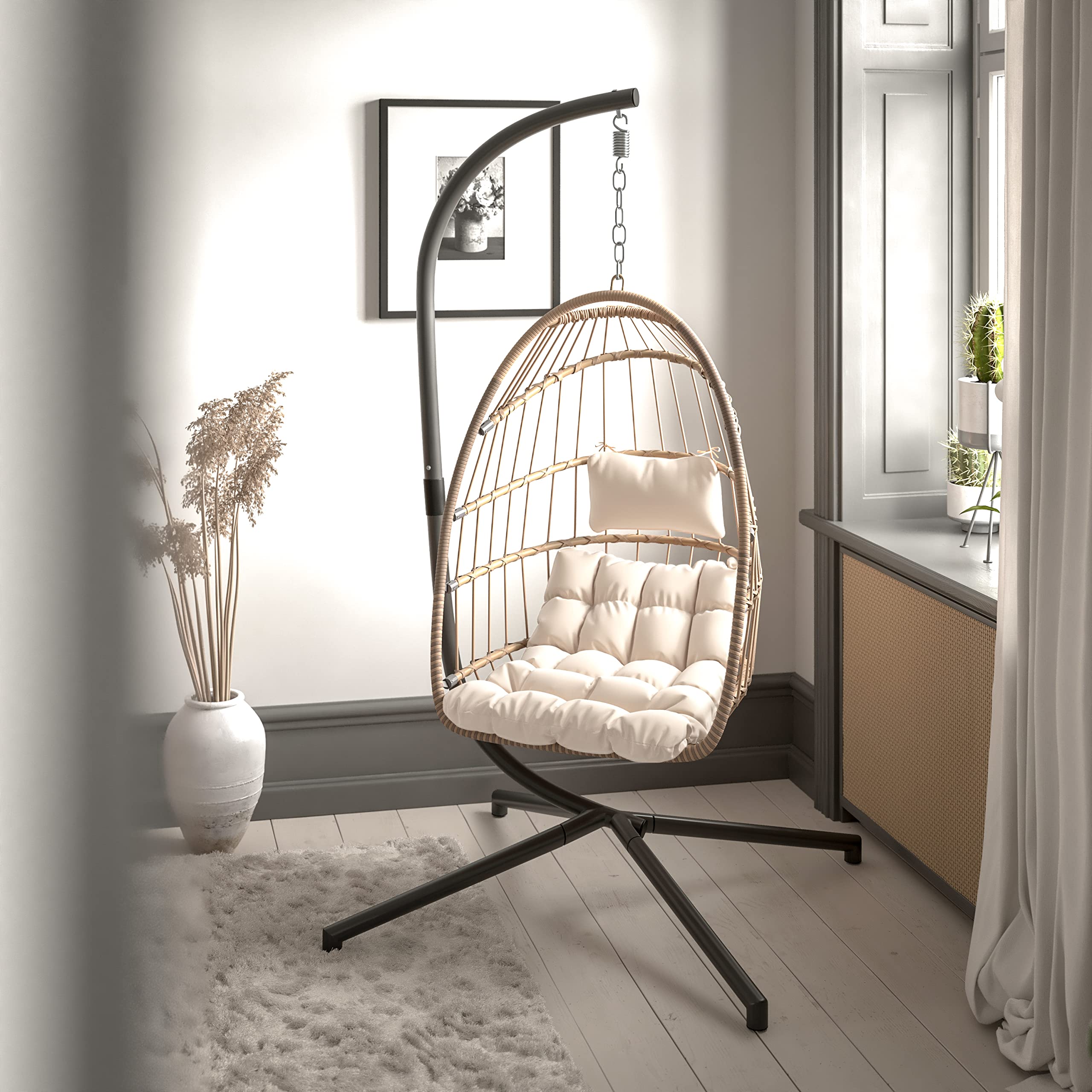EMMA + OLIVER Awen Hanging Egg Chair with Stand - Natural Woven Polyethylene Rattan, Black Steel Frame & Removable Cream Cushions - Foldable Outdoor Swing Chair for Patio, Garden, Backyard Relaxation