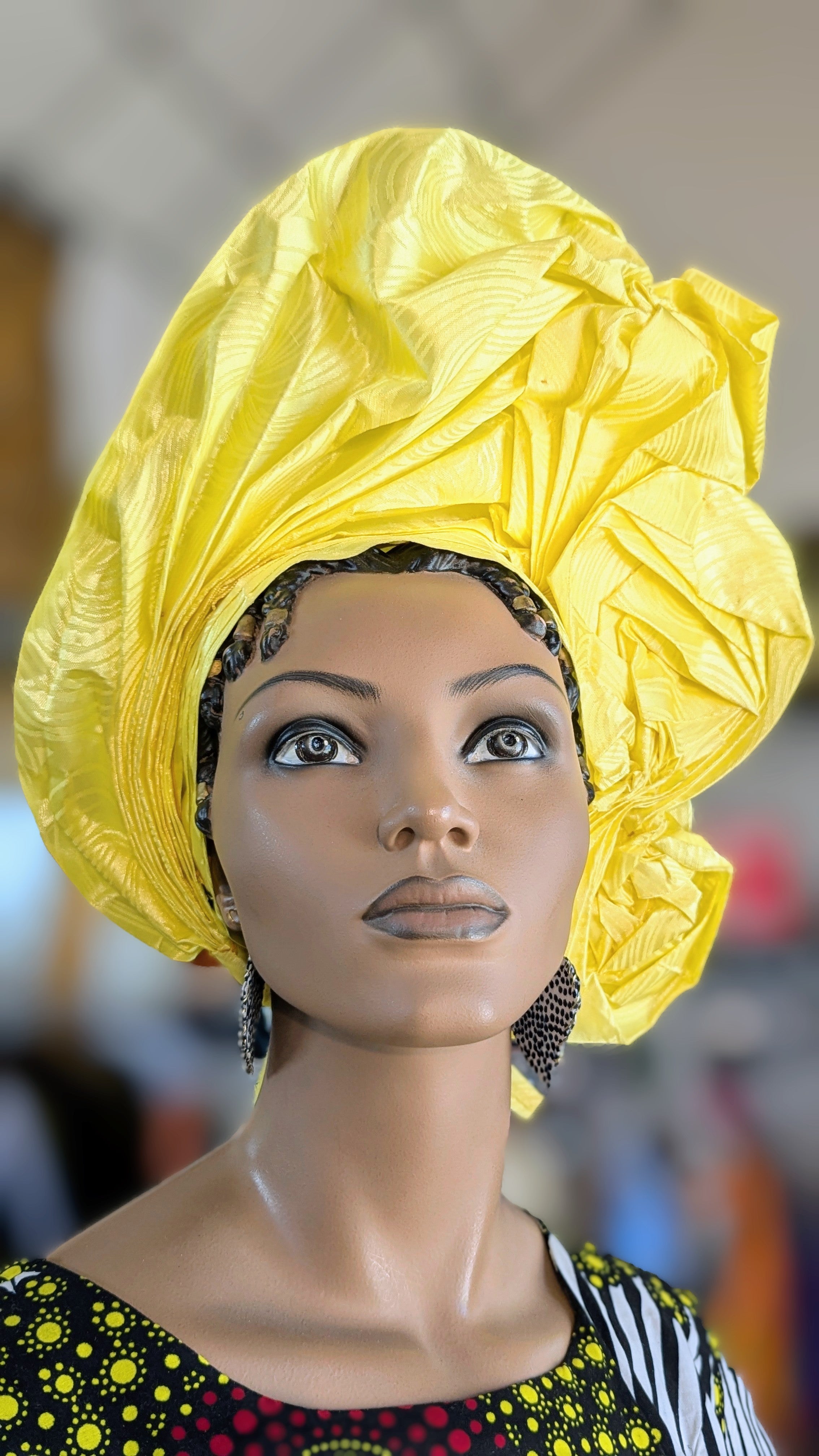 Yellow African Autogele Ready Gele Head Wrap Hat by Dupsie - Traditional Nigerian Headpiece for Weddings, Church & Special Occasions | DPASGYB49