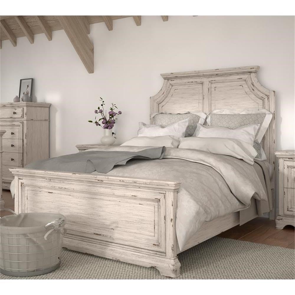 American Woodcrafters Providence Antique White Wood King Panel Bed Frame - Solid Wood Bedroom Furniture for Master Suite & Guest Room Decor