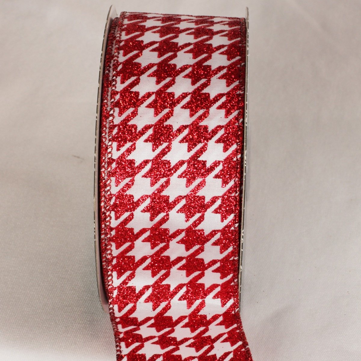 Cherry Red & White Sparkle Houndstooth Wired Craft Ribbon - 2 Inch x 20 Yards for Gift Wrapping, DIY Crafts, Scrapbooking & Holiday Decorations