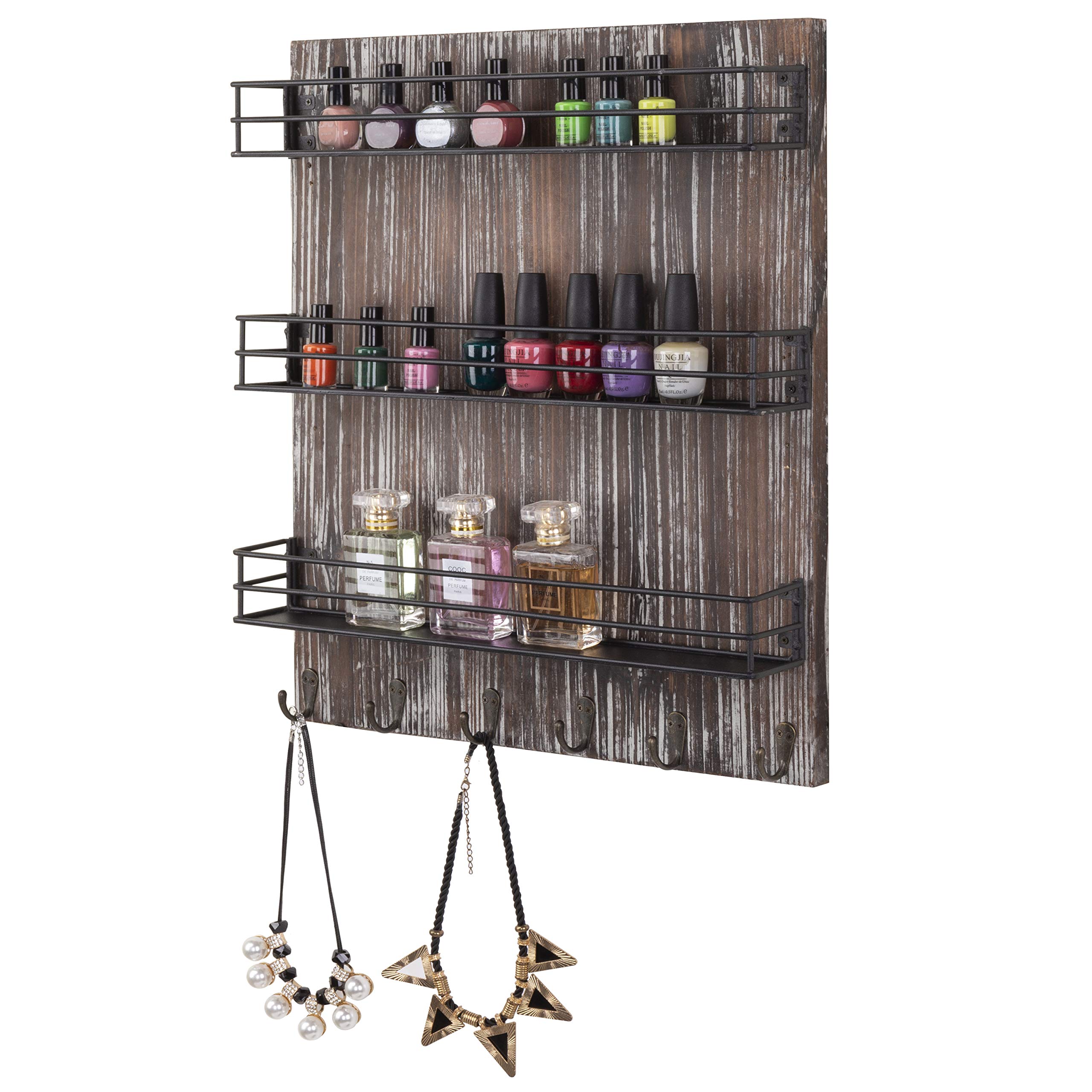 MyGift 3-Tier Black Metal Wall-Mounted Spice Rack Organizer with Torched Wood Finish, 6 Hooks & Seasoning Jars - Space-Saving Kitchen Storage for Spices, Utensils & Cooking Essentials - Perfect for Small Kitchens, Pantries & RV Cooking Spaces