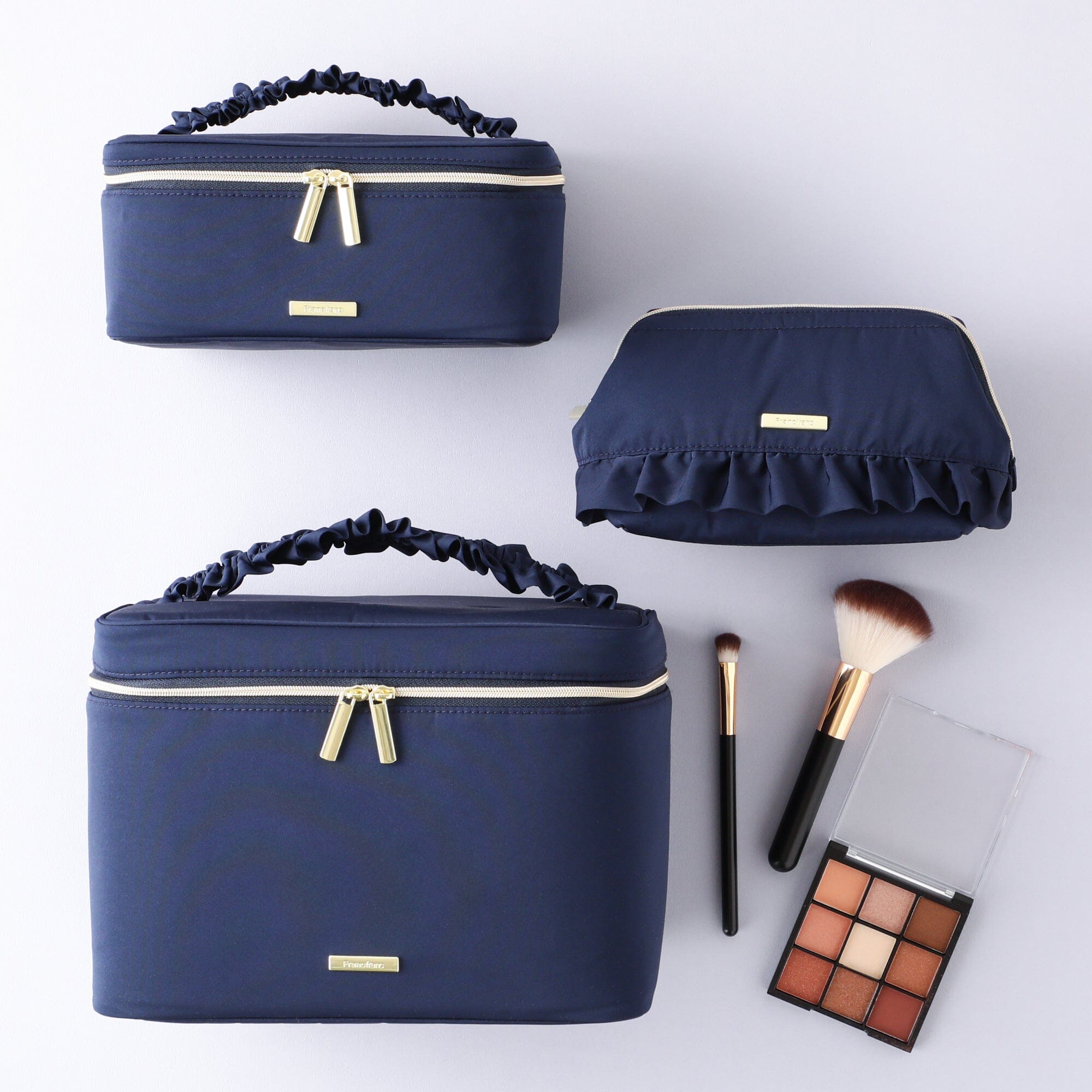 Frilled Vanity Pouch - Navy Blue Makeup Bag for Travel & Daily Use | Compact Cosmetic Organizer with Elegant Lace Trim